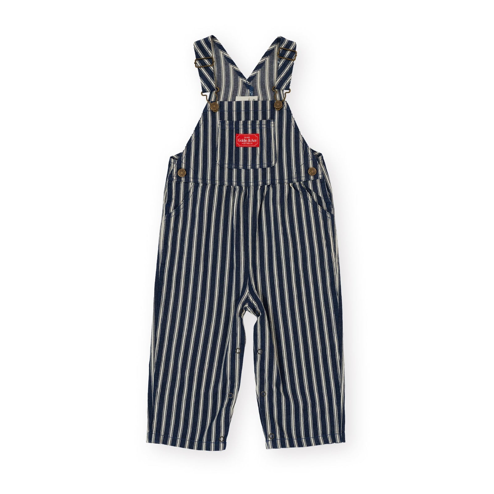 Goldie & Ace Railroad Stripe Austin Overalls, product flat lay