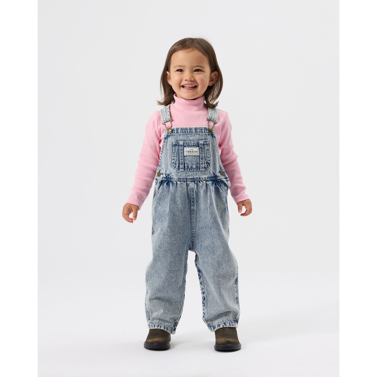 Child wearing Goldie & Ace Austin Vintage Washed Denim Overalls Light Denim