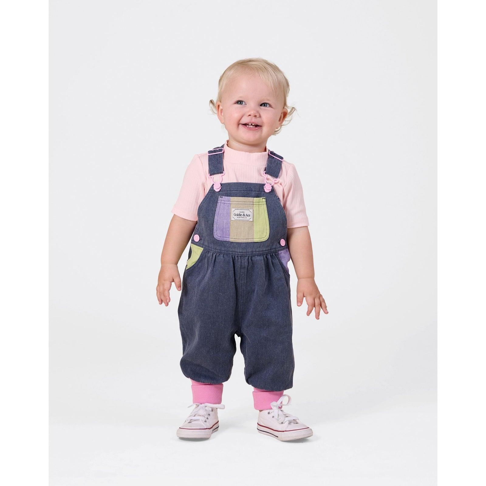 Child wearing Goldie & Ace Colour Pop Baby Austin Overalls