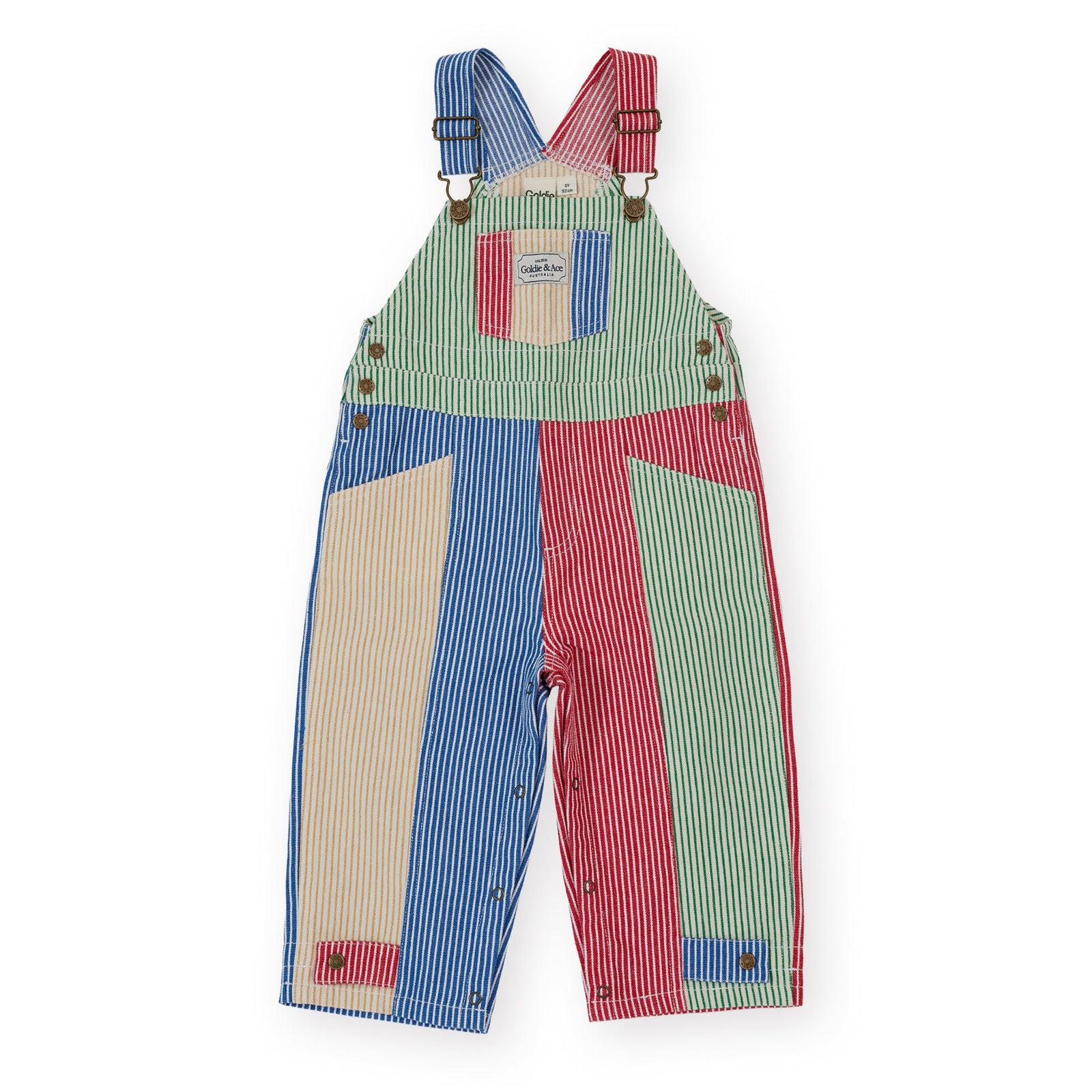 Goldie & Ace Patchwork Stripe Blake Overalls, product flat lay