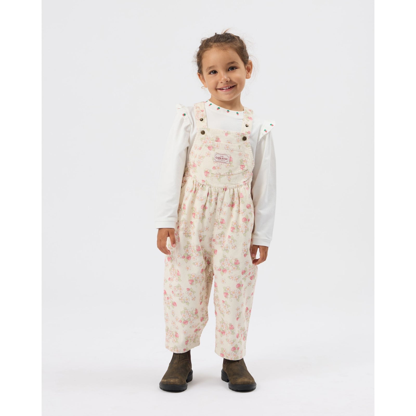 Child wearing Goldie & Ace Strawberry Fields Goldie Vintage Overalls