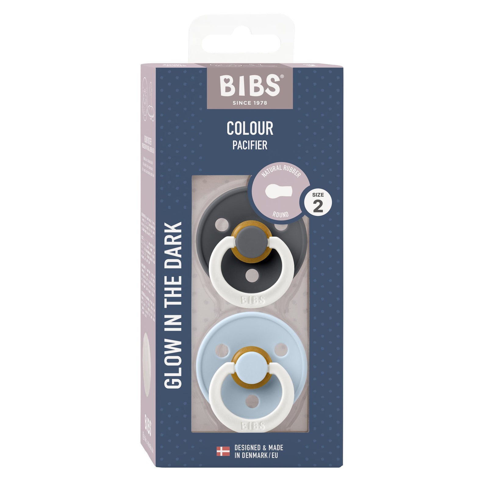 BIBS Round GLOW 2 Pack Dummy - Iron/Baby Blue