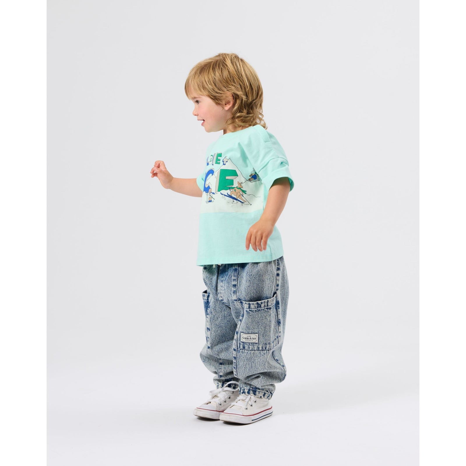 Child wearing Goldie & Ace Kit Denim Pocket Pant Light Denim, view 2