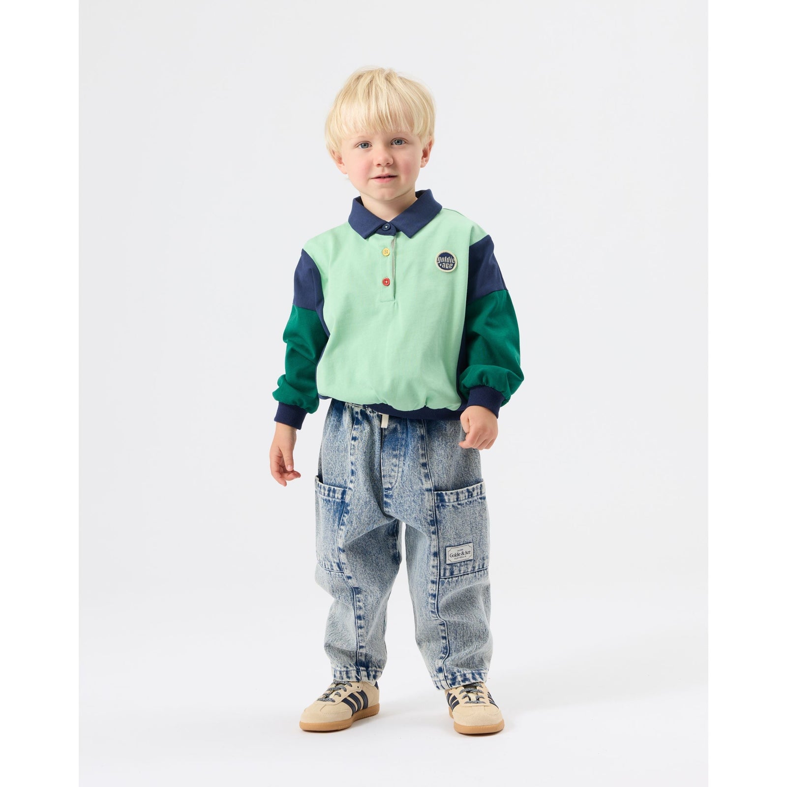 Child wearing Goldie & Ace Panelled Relaxed Rugby Sweat Top, view 2