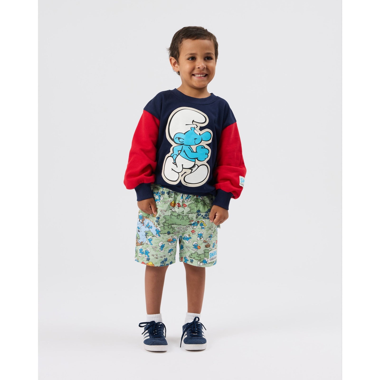 Child wearing Goldie & Ace x The Smurfs Village Print Shorts, view 5