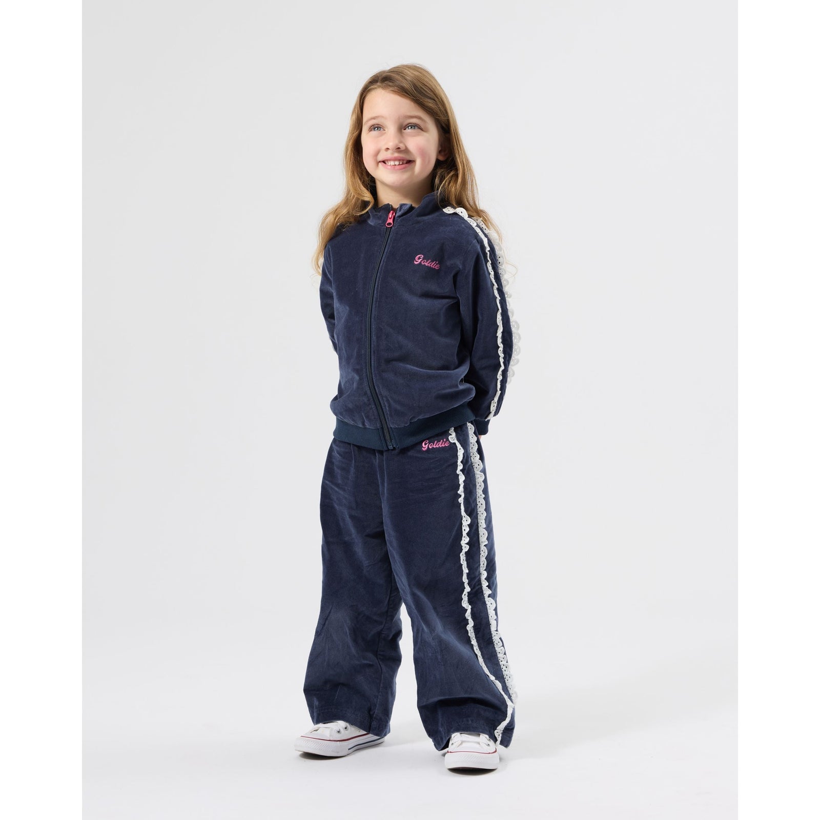 Child wearing Goldie & Ace Velour Broderie Wide Leg Pant, view 2