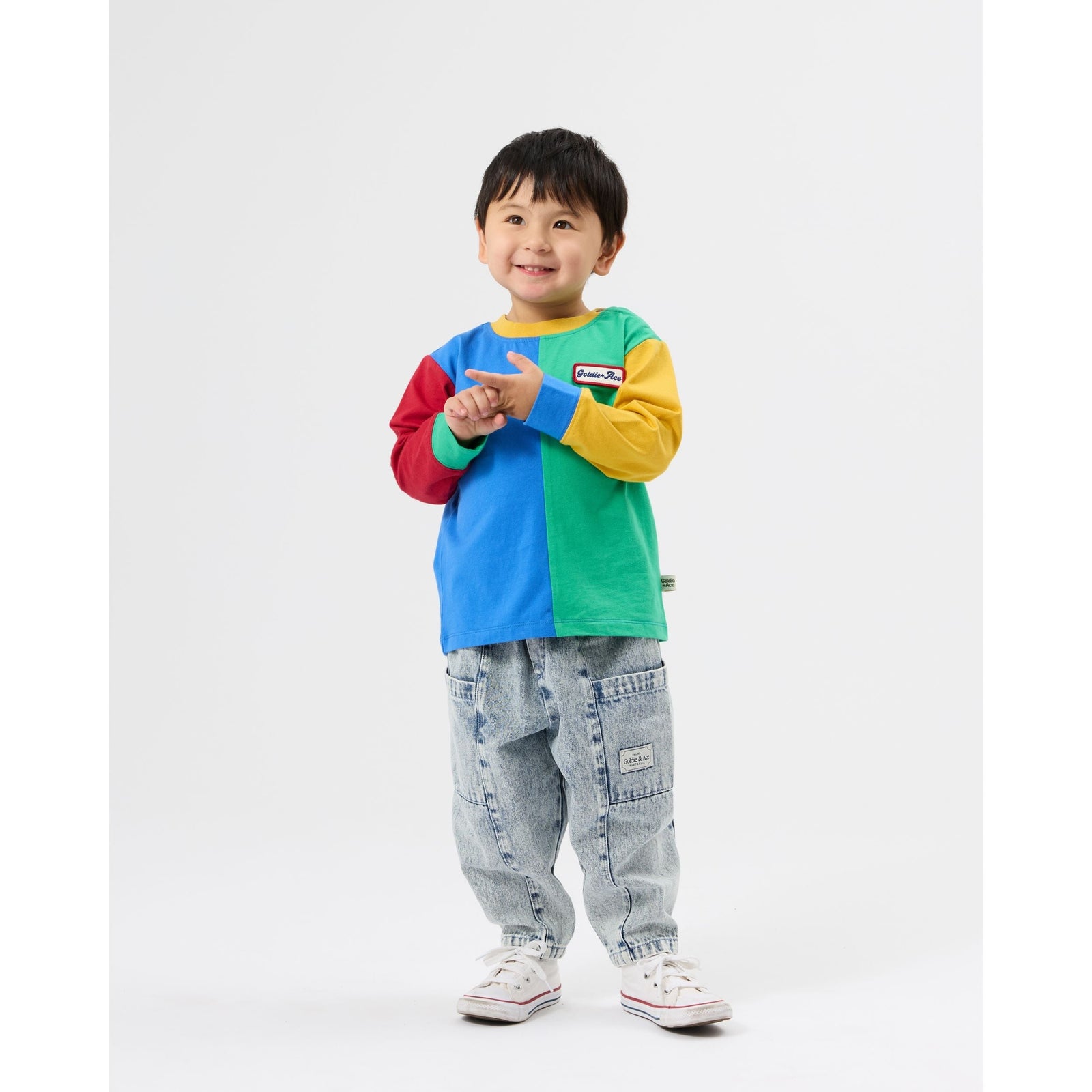 Child wearing Goldie & Ace Splice Colour Block Long Sleeve Top, view 2