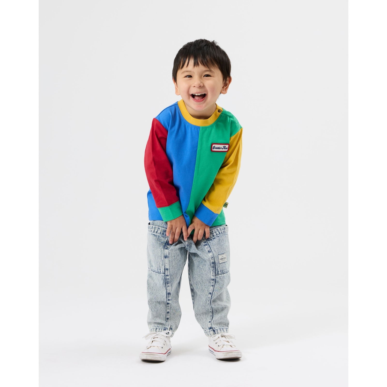 Child wearing Goldie & Ace Splice Colour Block Long Sleeve Top, view 3