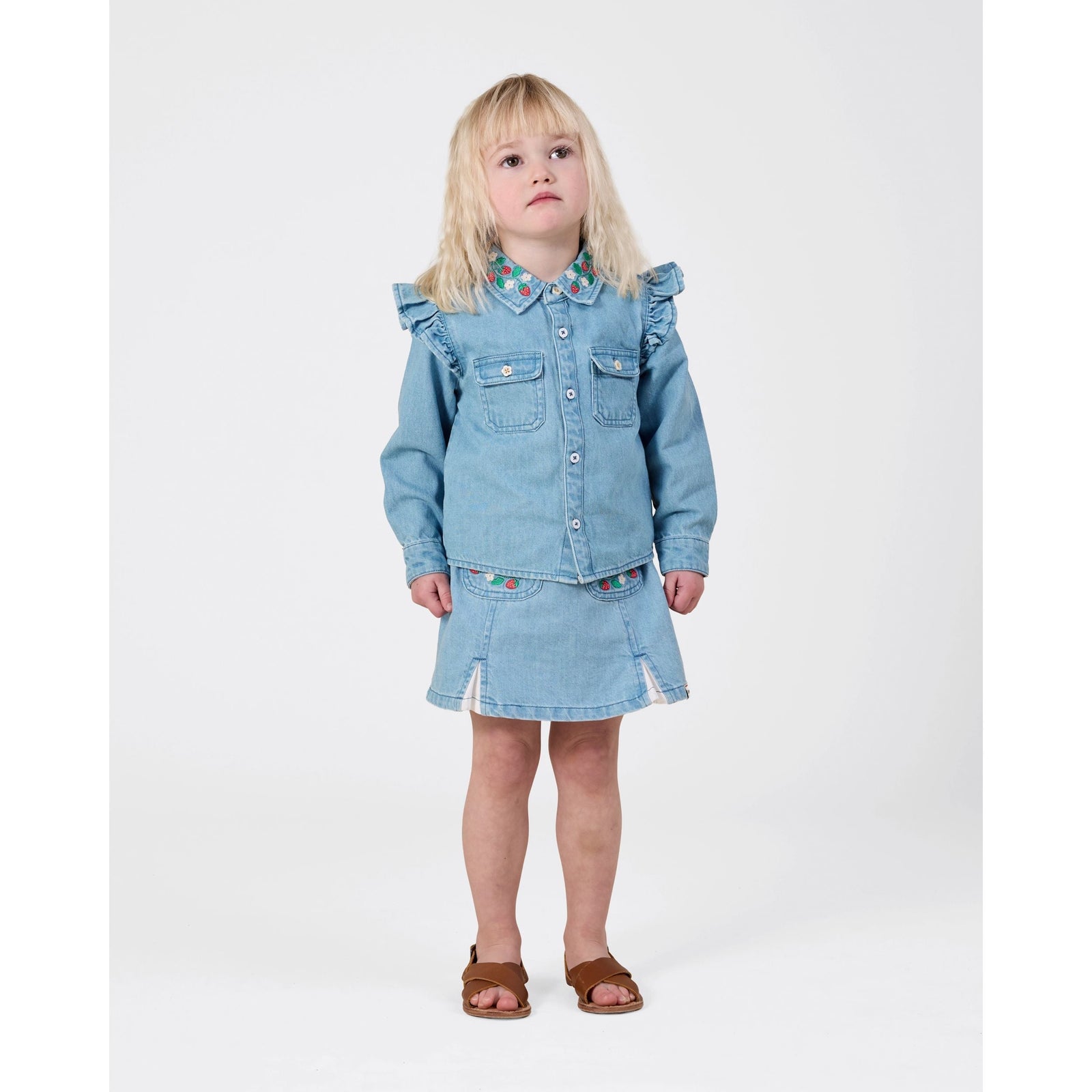 Child wearing Goldie & Ace Wild Strawberry Chambray Skirt