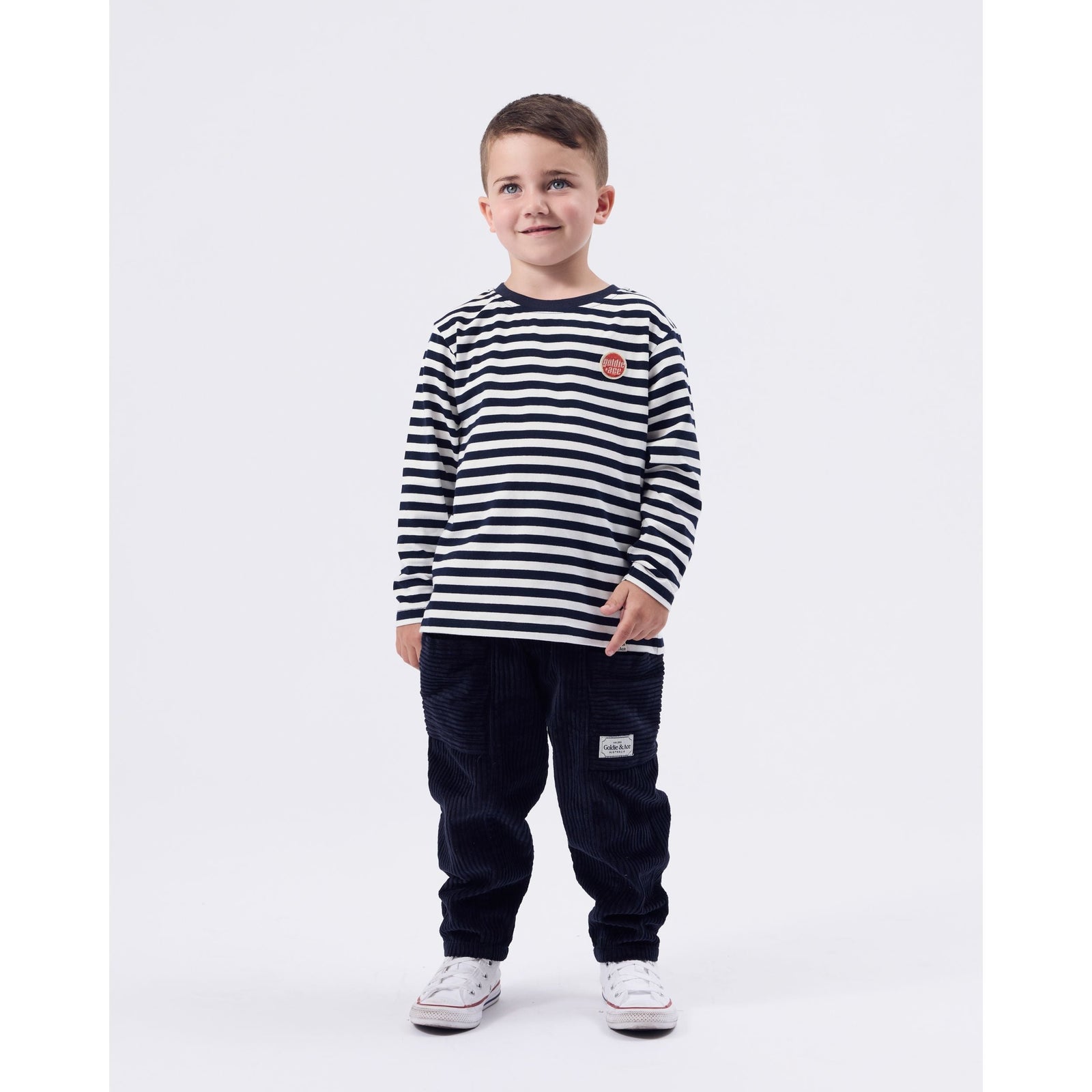 Child wearing Goldie & Ace Essential Stripe Long Sleeve Top Navy