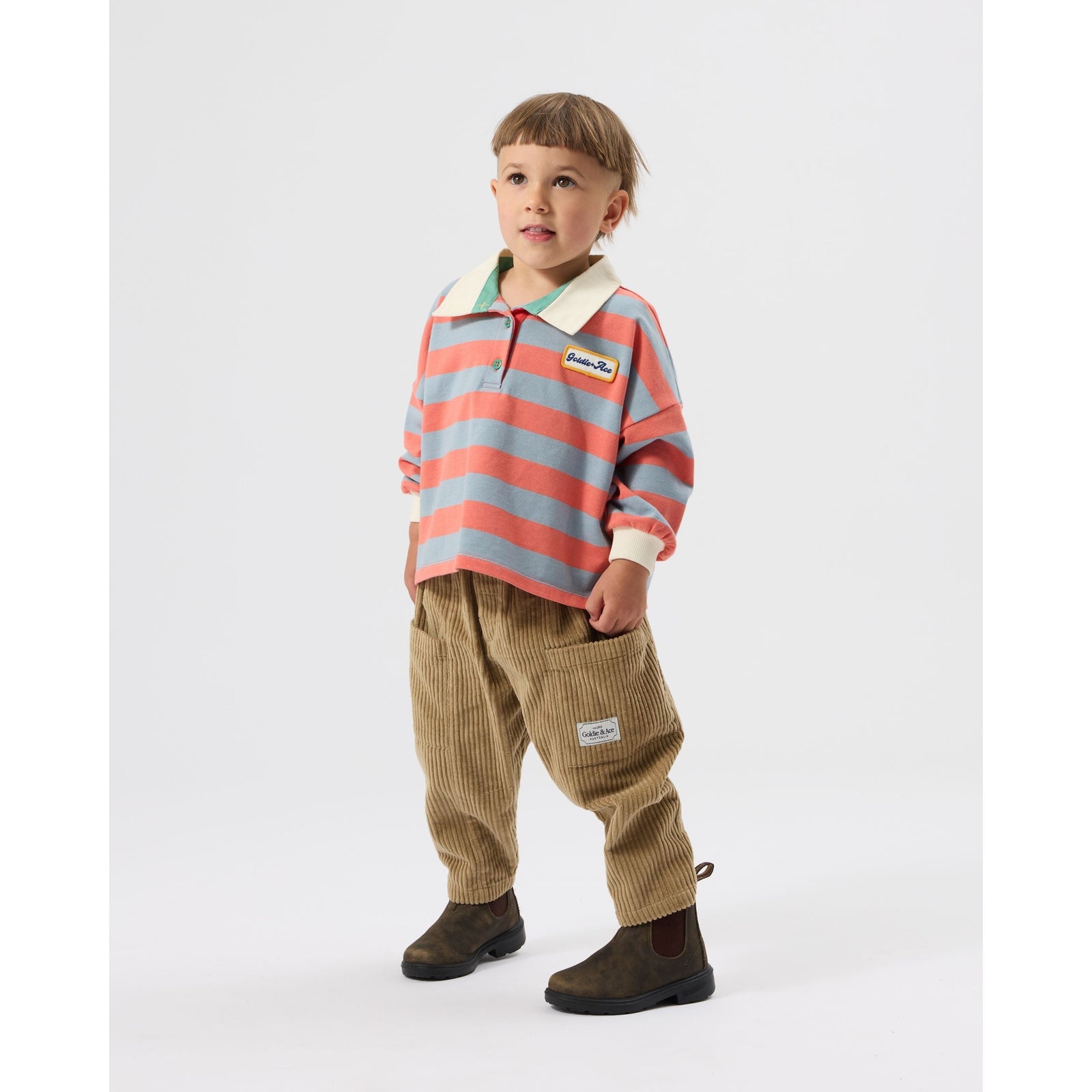 Child wearing Goldie & Ace Kit Corduroy Pocket Pant Khaki