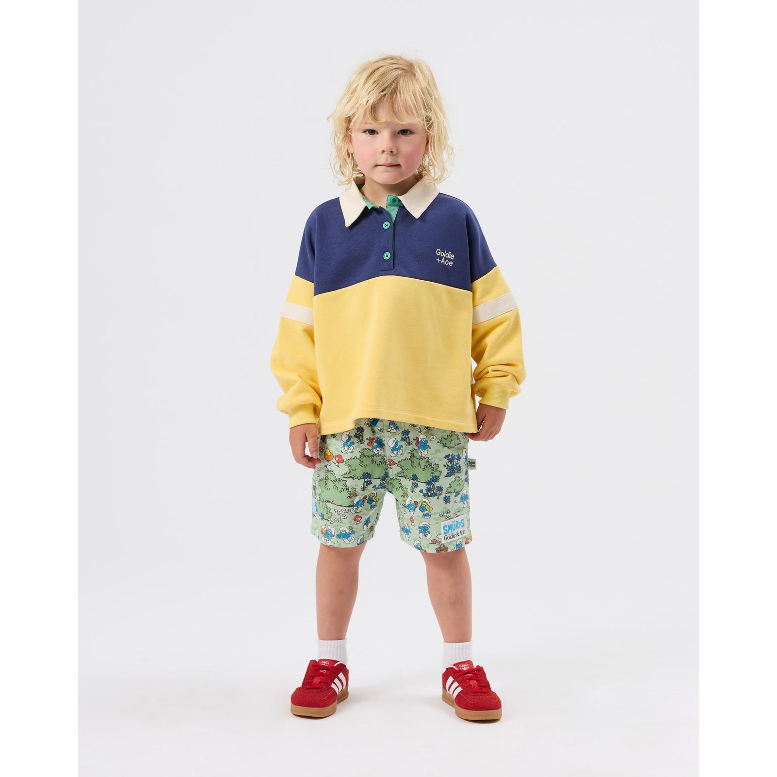 Child wearing Goldie & Ace x The Smurfs Village Print Shorts, view 4