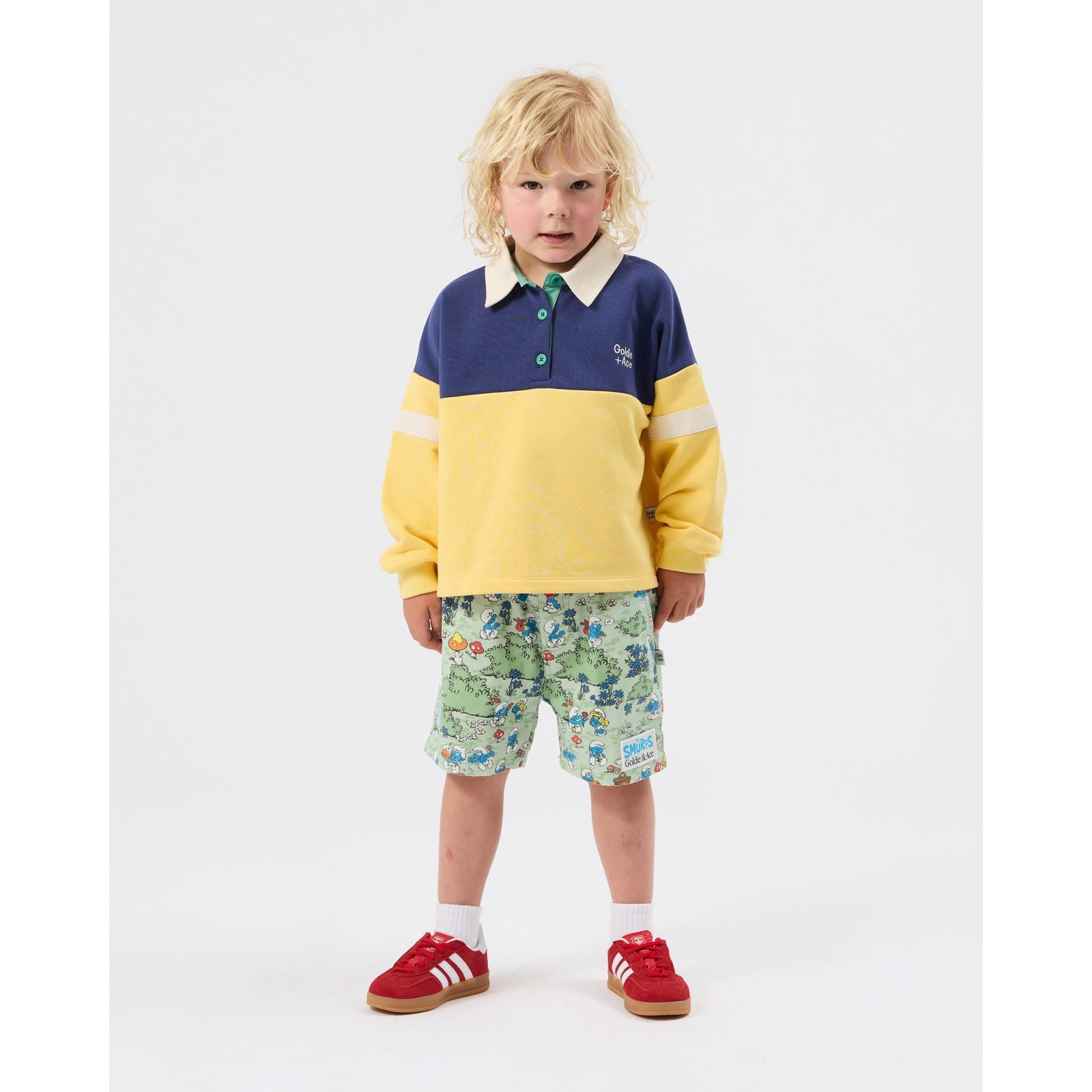 Child wearing Goldie & Ace x The Smurfs Village Print Shorts, view 3