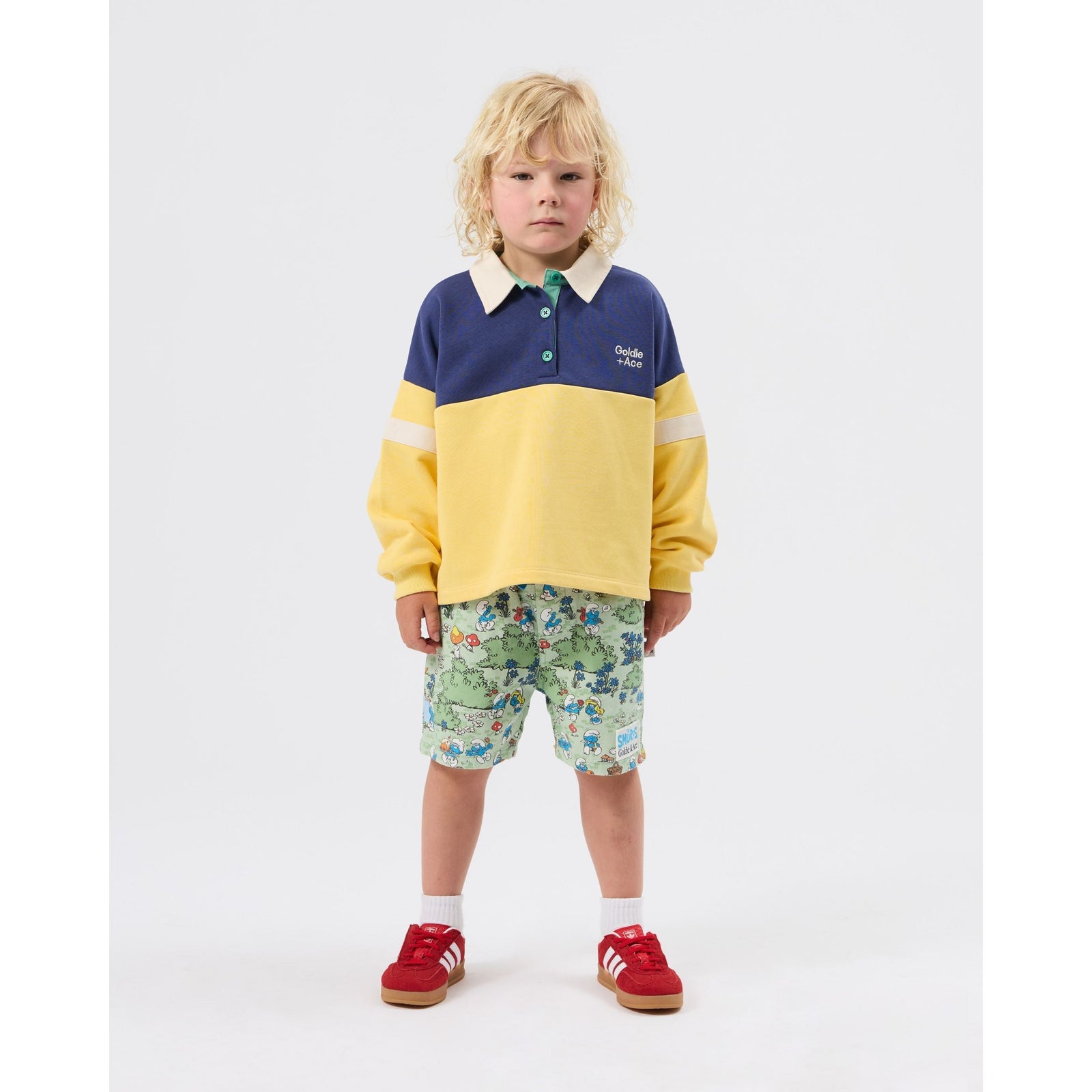 Child wearing Goldie & Ace x The Smurfs Village Print Shorts, view 2