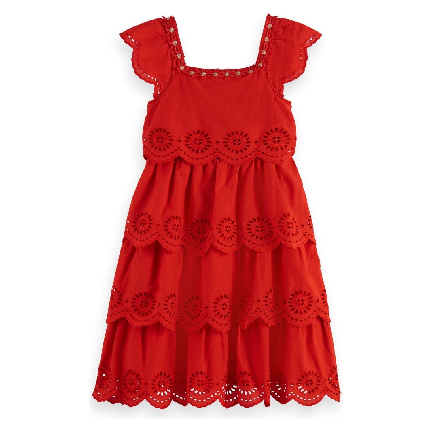 Layered Midi Broderie Anglaise Dress - Lobster Red