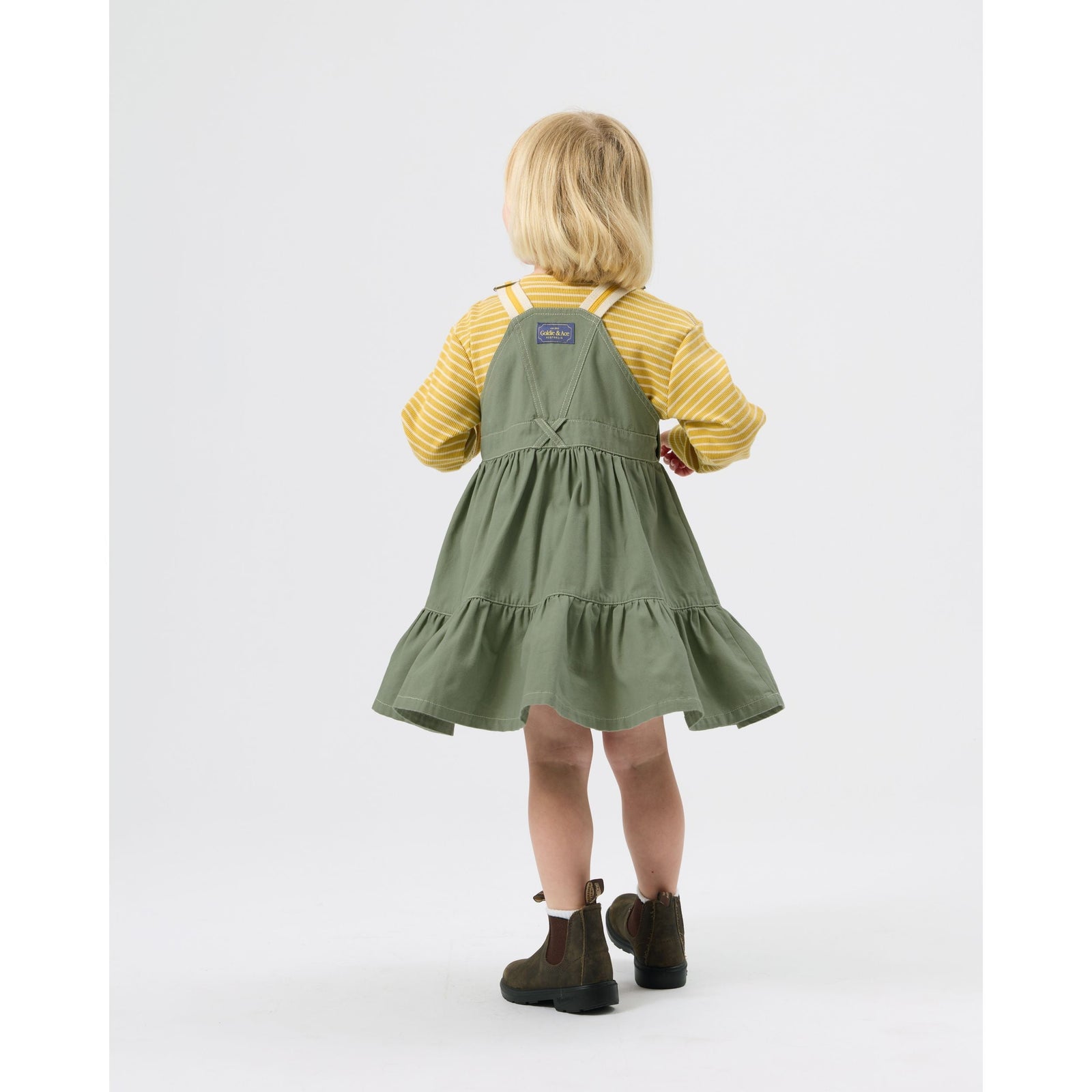 Child wearing Goldie & Ace Carpenter Utility Pinafore Dress, view 3