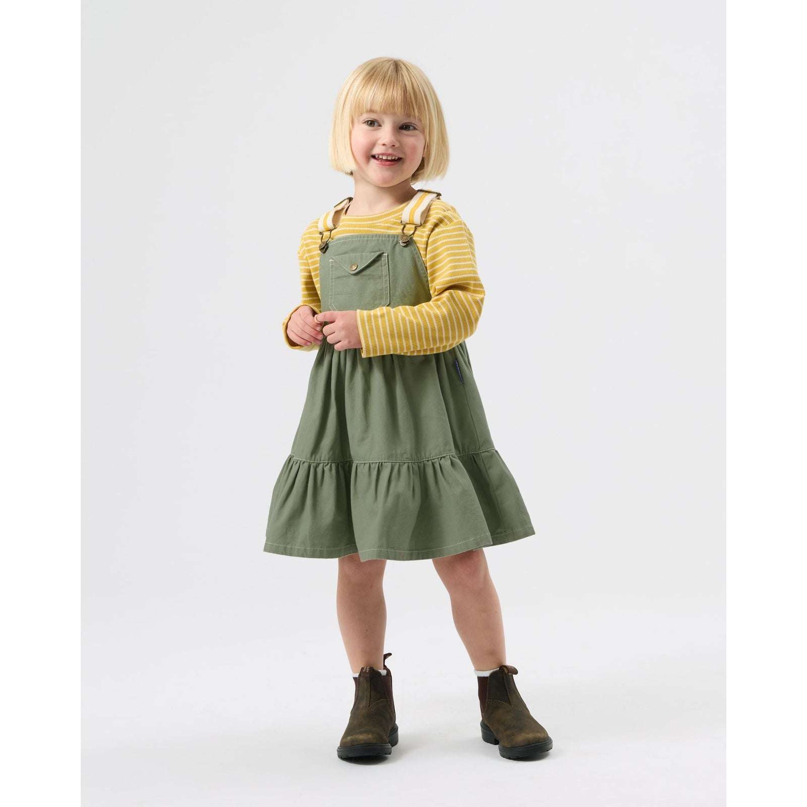 Child wearing Goldie & Ace Essential Stripe Rib Top Yellow, view 3