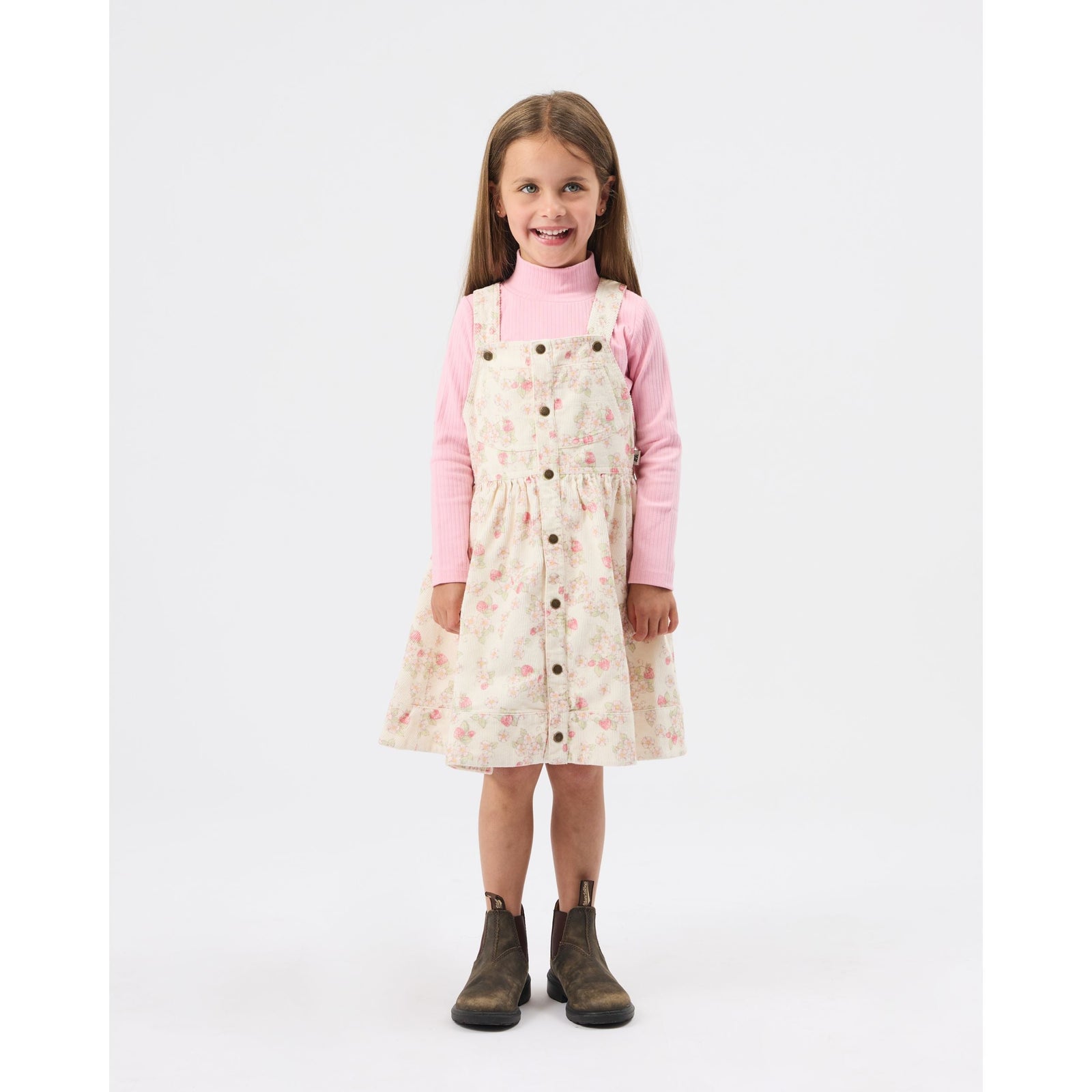 Child wearing Goldie & Ace Strawberry Fields Pinafore Dress, view 3