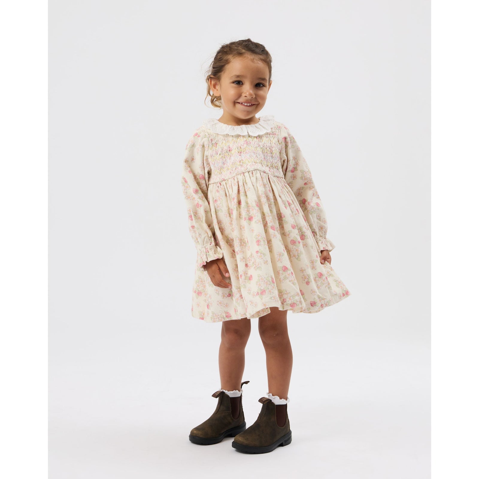 Child wearing Goldie & Ace Strawberry Fields Smocked Dress, view 3
