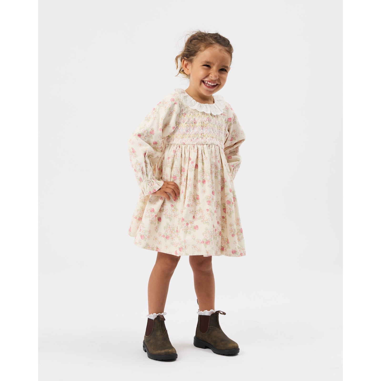 Child wearing Goldie & Ace Strawberry Fields Smocked Dress, view 5