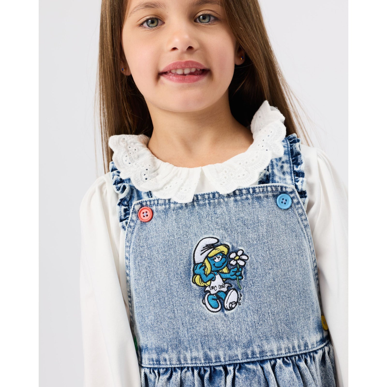 Child wearing Goldie & Ace x The Smurfs Smurfette Pinafore Denim Dress