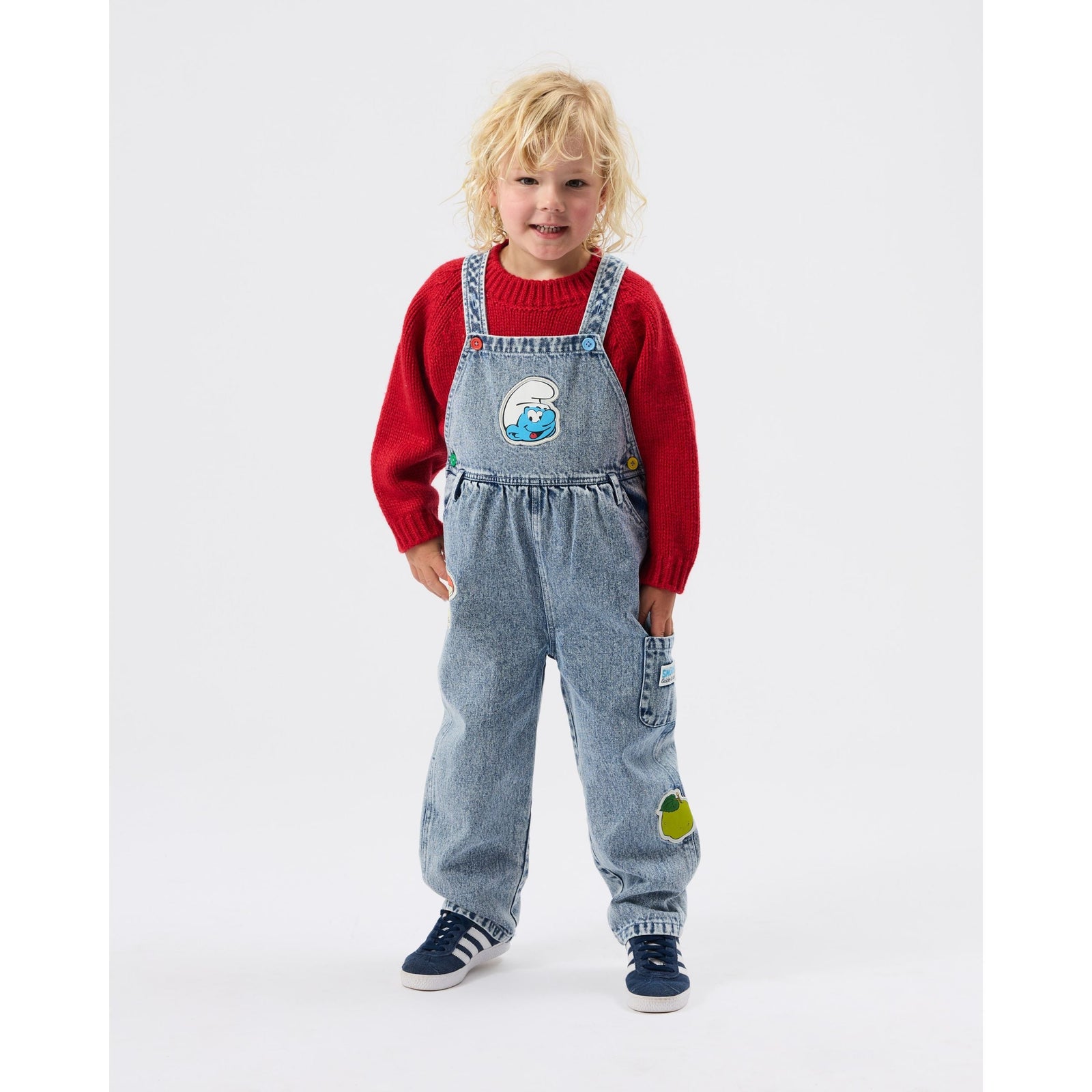 Child wearing Goldie & Ace x The Smurfs Patch Austin Overalls, view 4