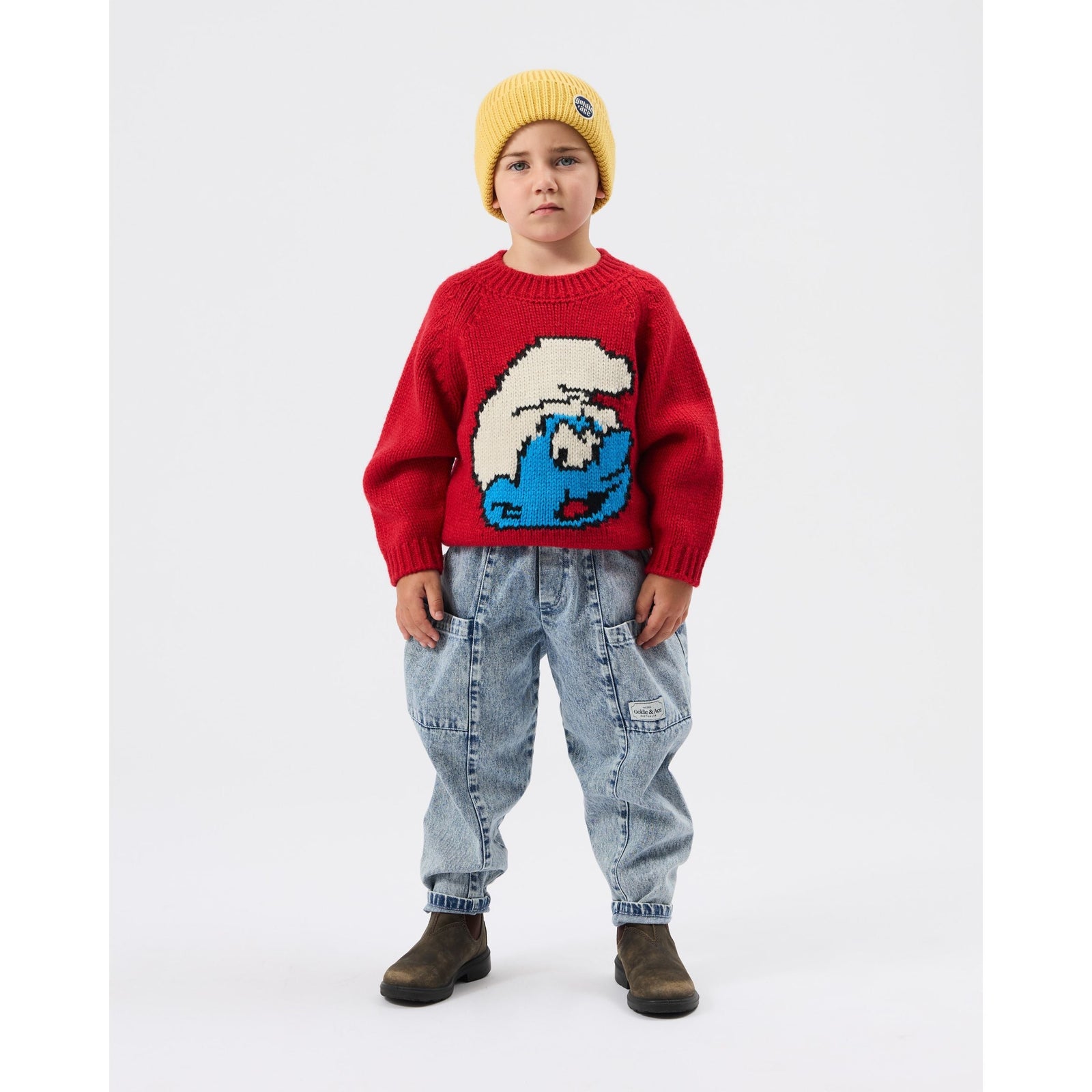 Child wearing Goldie & Ace x The Smurfs Knit Sweater, view 4