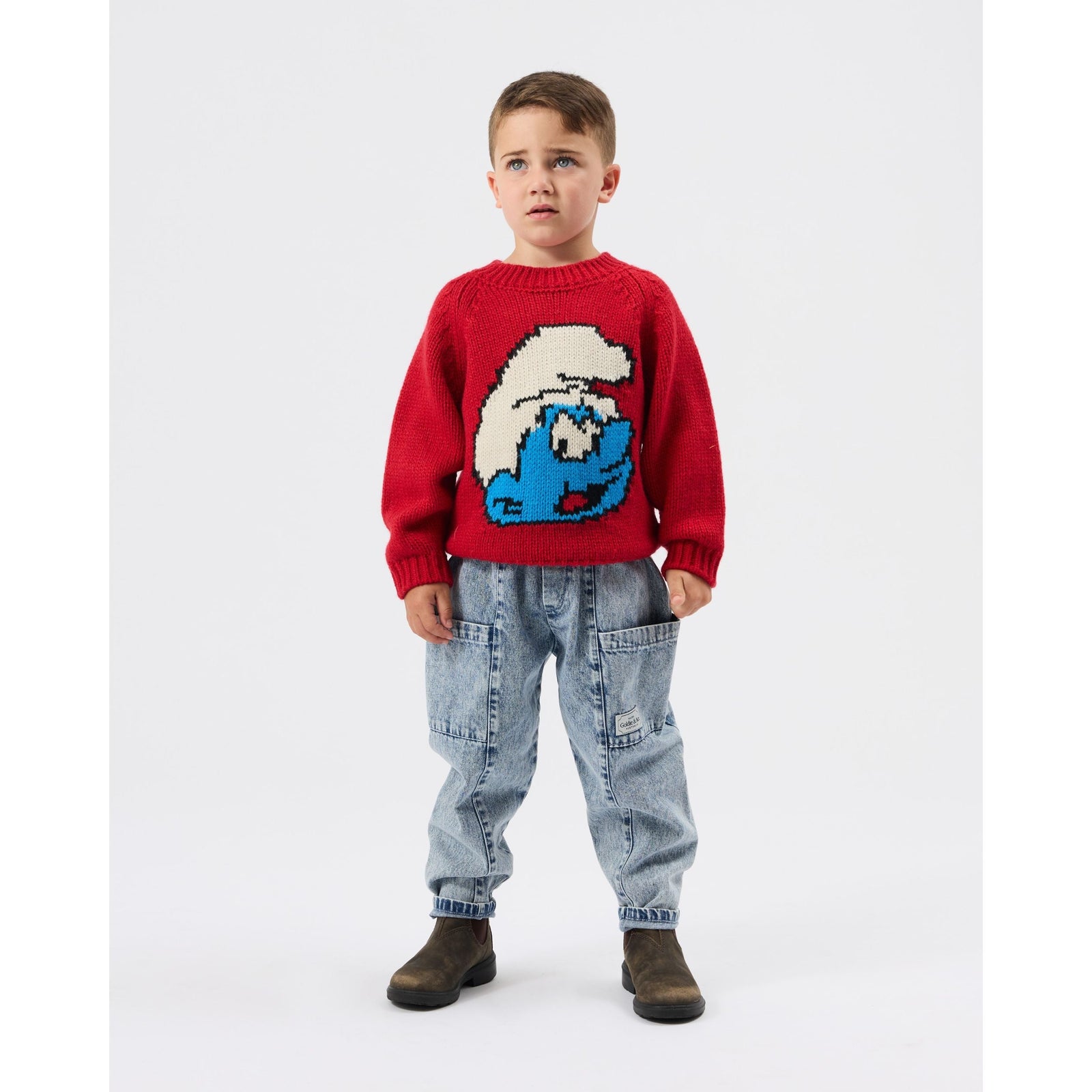 Child wearing Goldie & Ace x The Smurfs Knit Sweater