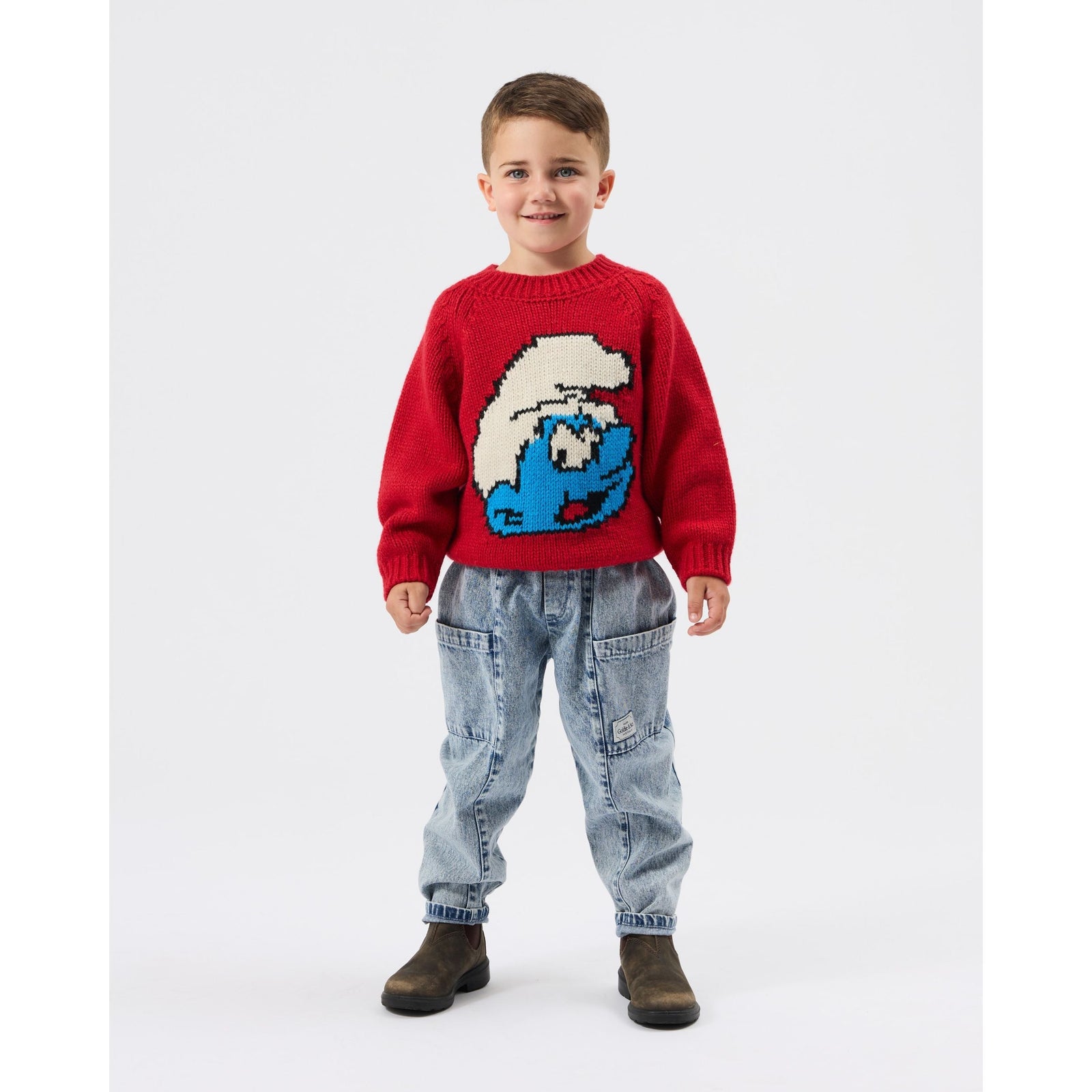 Child wearing Goldie & Ace x The Smurfs Knit Sweater, view 5