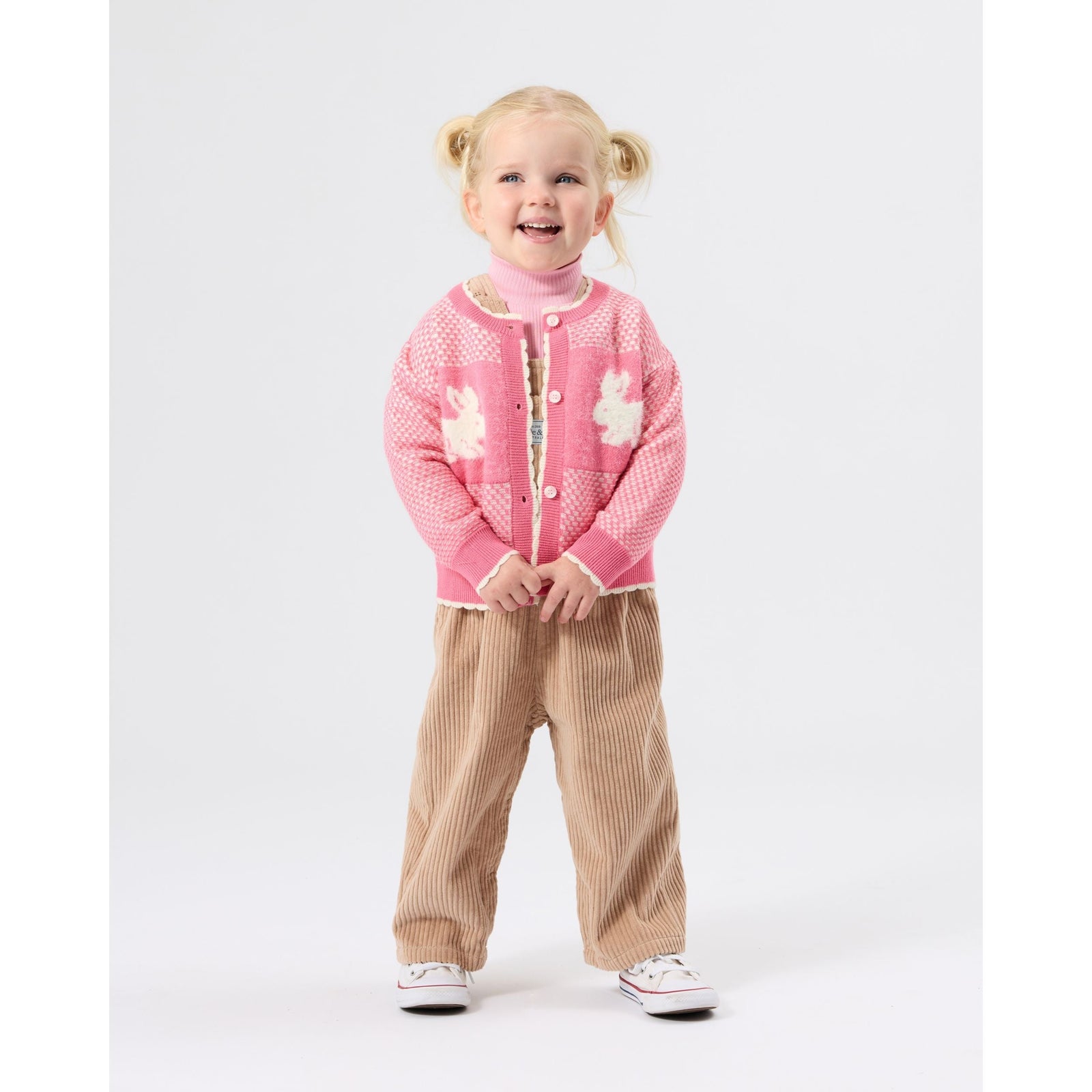 Child wearing Goldie & Ace Bunny Knit Cardigan, view 3