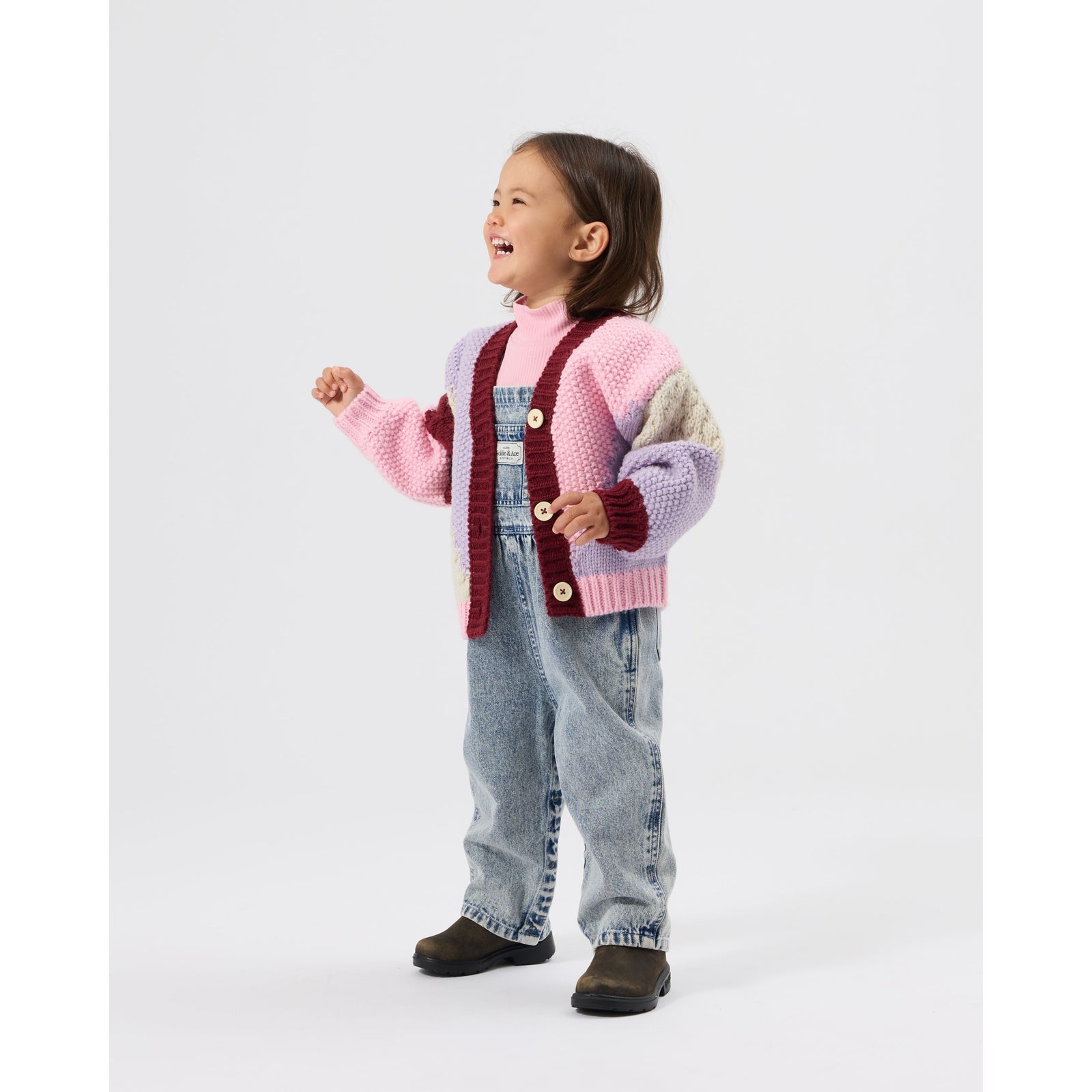 Child wearing Goldie & Ace Colour Block Knit Cardigan, view 3