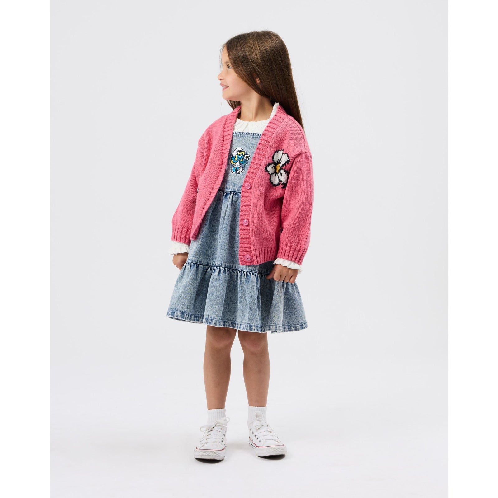 Child wearing Goldie & Ace x The Smurfs Flower Knit Cardigan, view 2