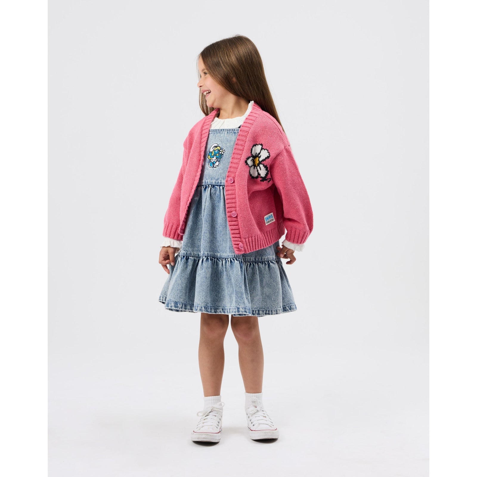 Child wearing Goldie & Ace x The Smurfs Smurfette Pinafore Denim Dress, view 6