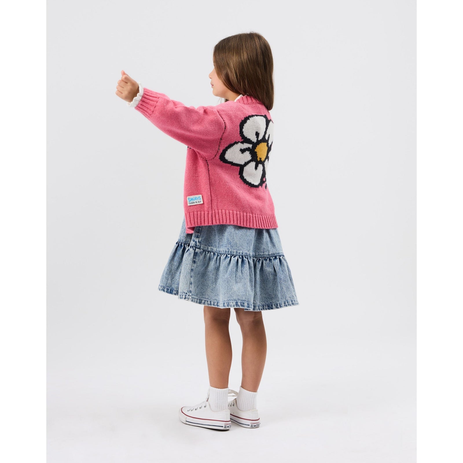 Child wearing Goldie & Ace x The Smurfs Smurfette Pinafore Denim Dress, view 7