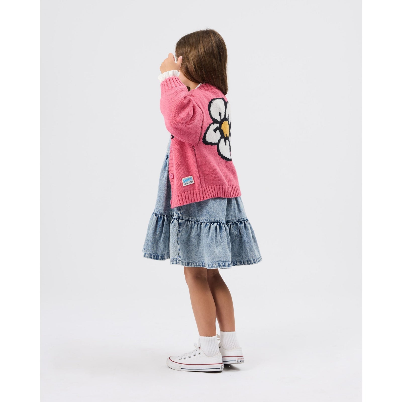 Child wearing Goldie & Ace x The Smurfs Flower Knit Cardigan, view 5
