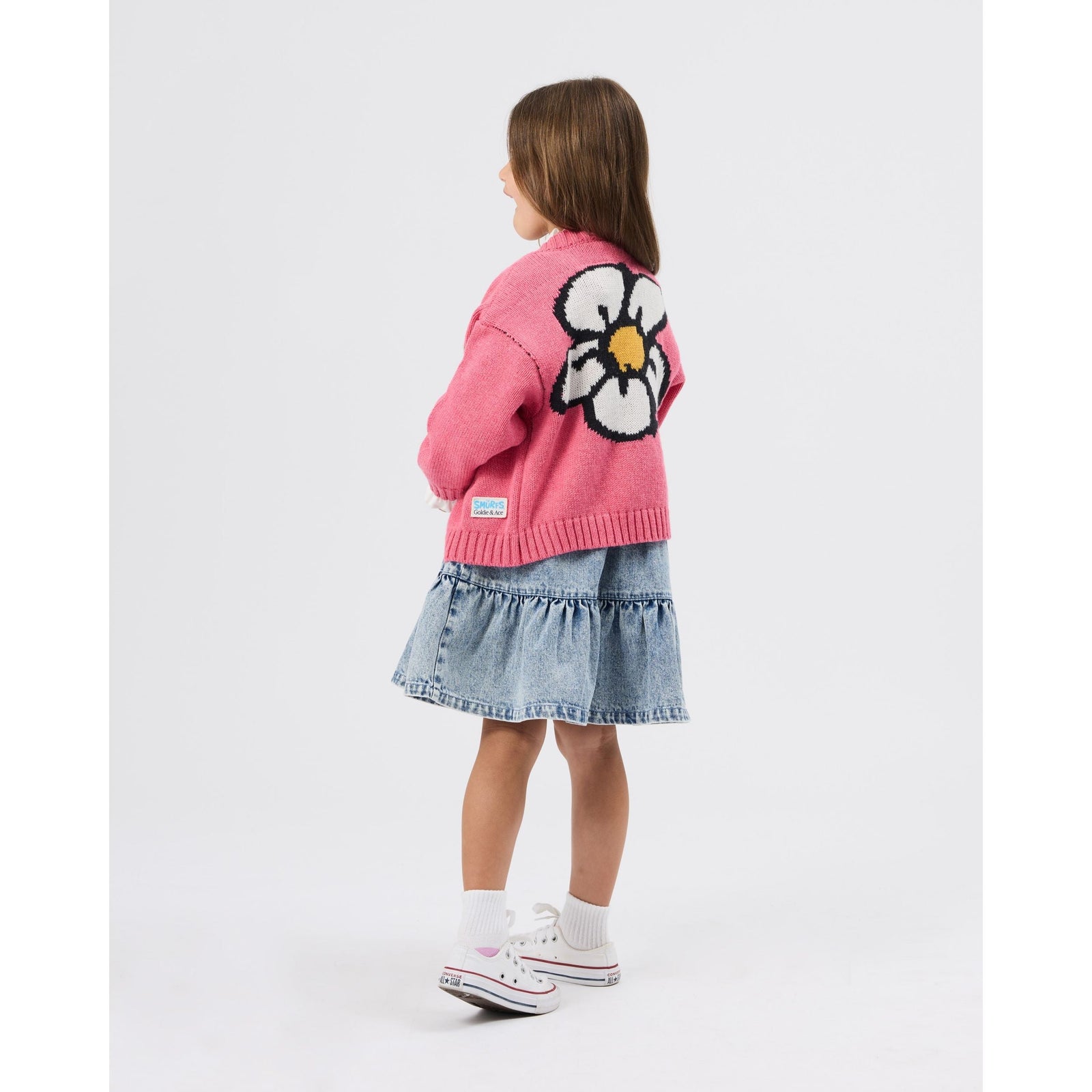 Child wearing Goldie & Ace x The Smurfs Smurfette Pinafore Denim Dress, view 8