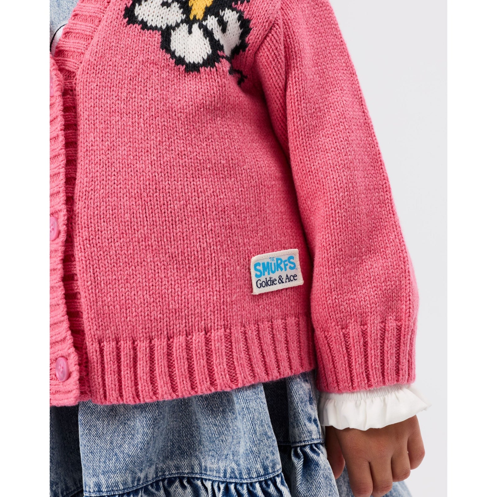Child wearing Goldie & Ace x The Smurfs Flower Knit Cardigan, view 3