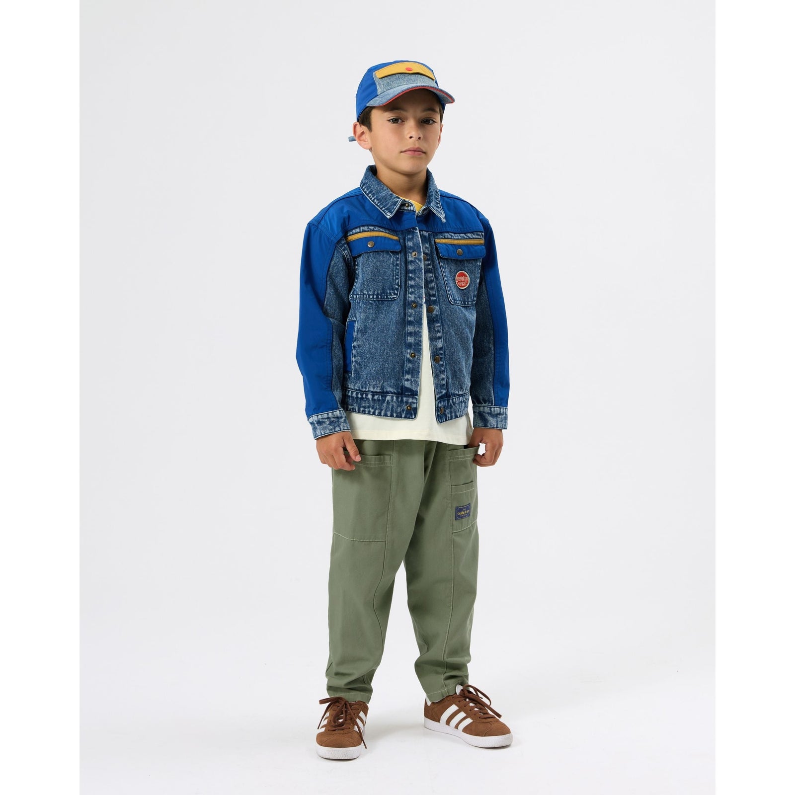 Child wearing Goldie & Ace Carpenter Utility Kit Pocket Pant Sage