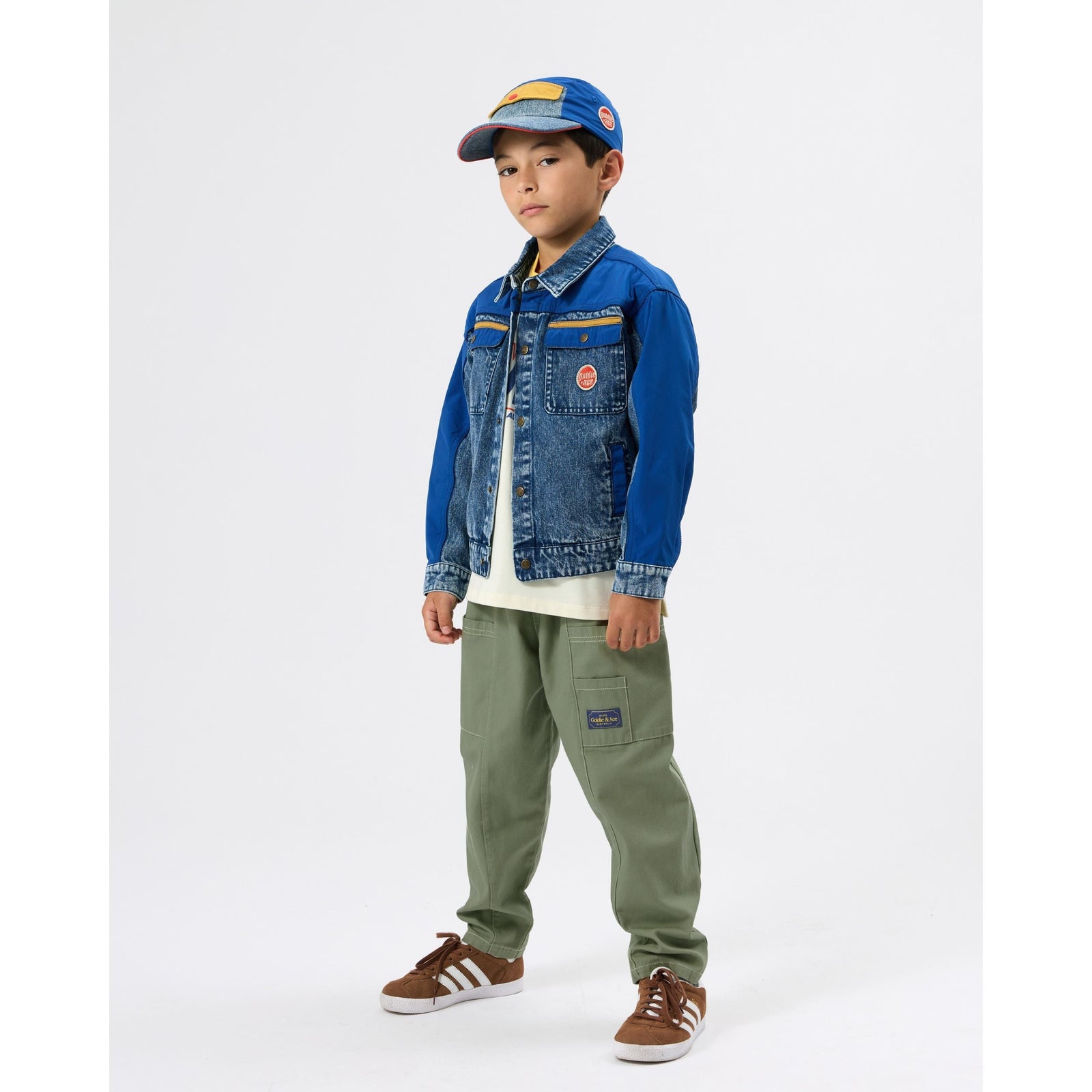 Child wearing Goldie & Ace Colour Block Vintage Denim Jacket, view 3
