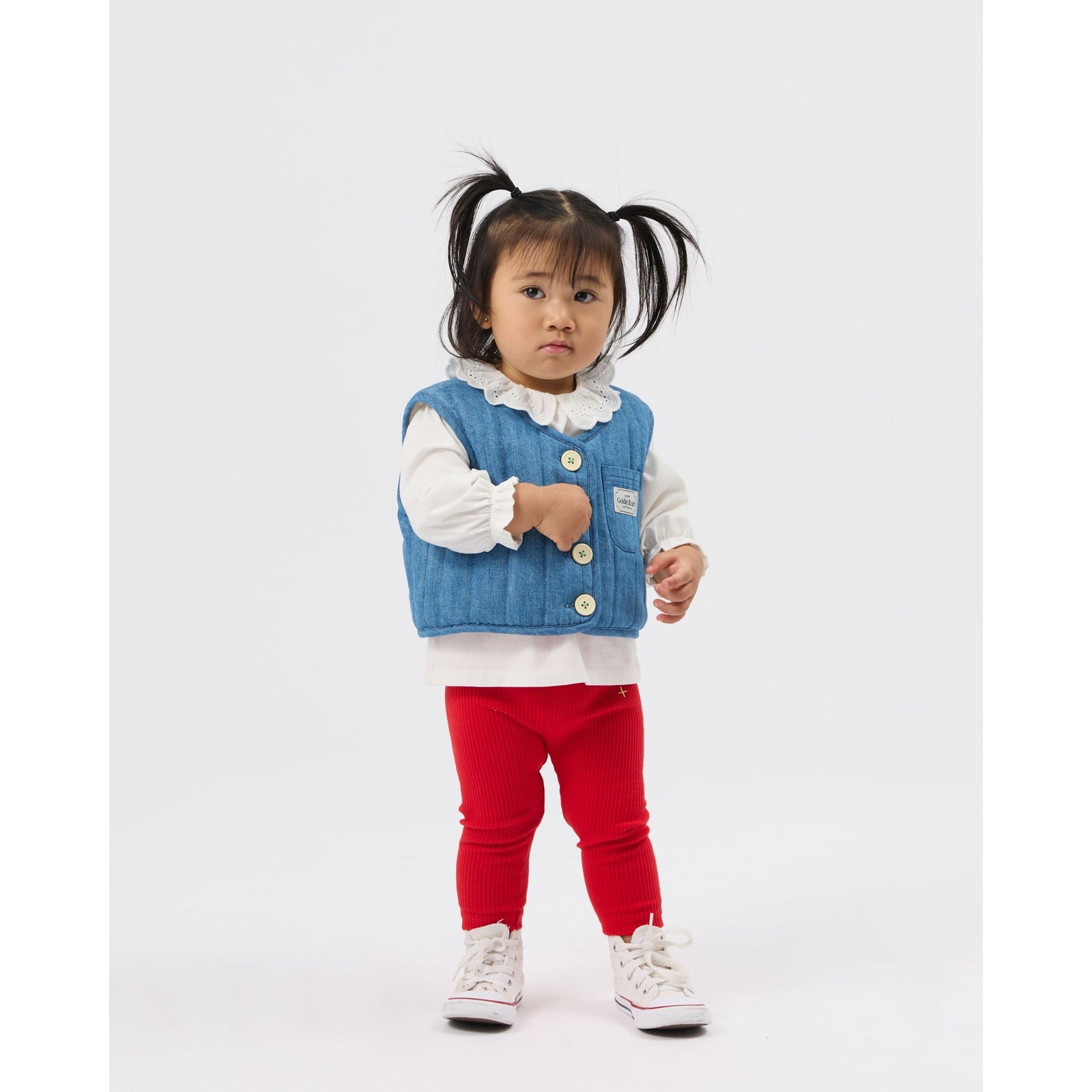 Child wearing Goldie & Ace Bowie Rib Legging Red, view 2