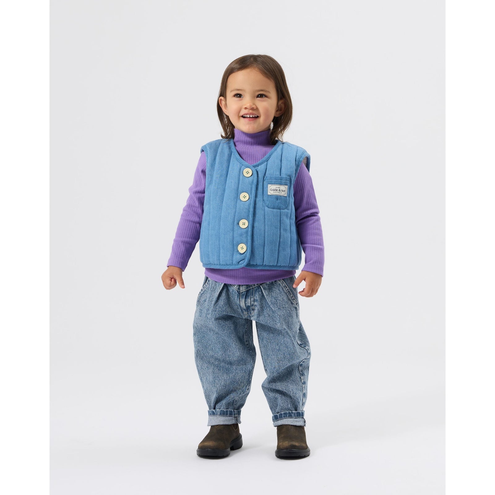 Child wearing Goldie & Ace Reversible Chambray Button Vest, view 3