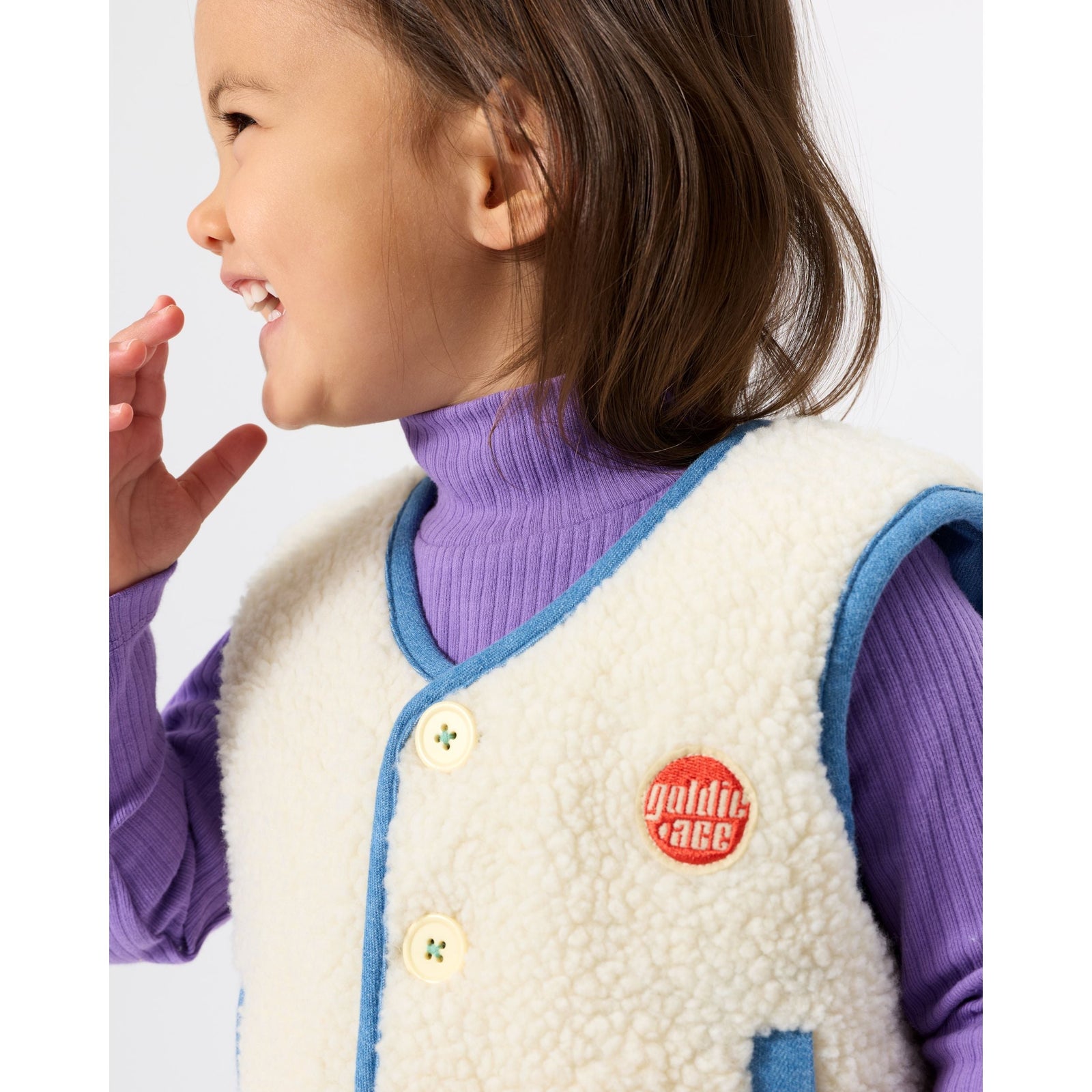 Child wearing Goldie & Ace Reversible Chambray Button Vest, view 2