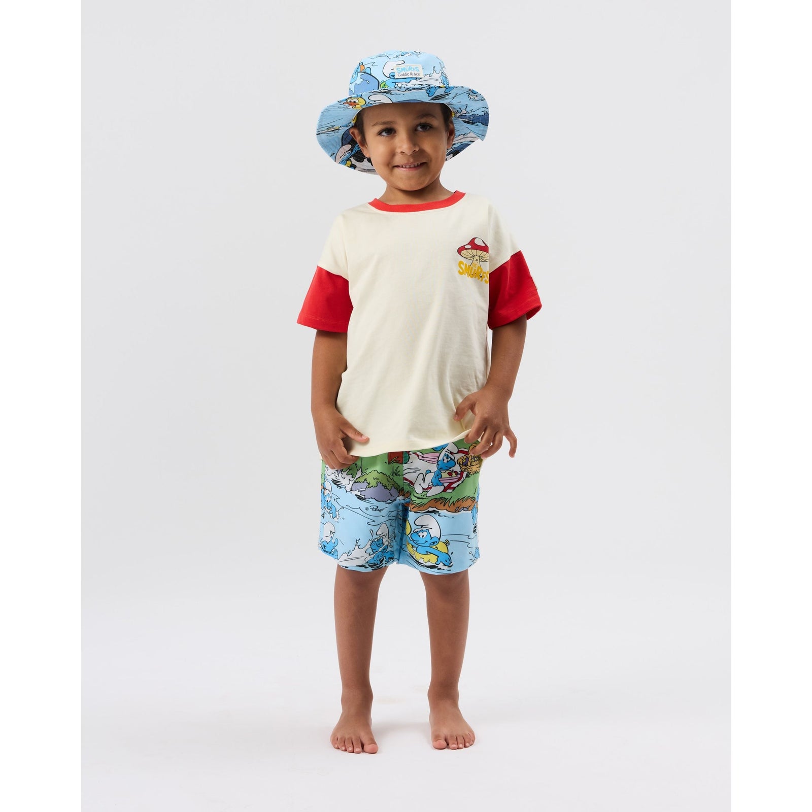 Child wearing Goldie & Ace x The Smurfs Splash Boardshort, view 3