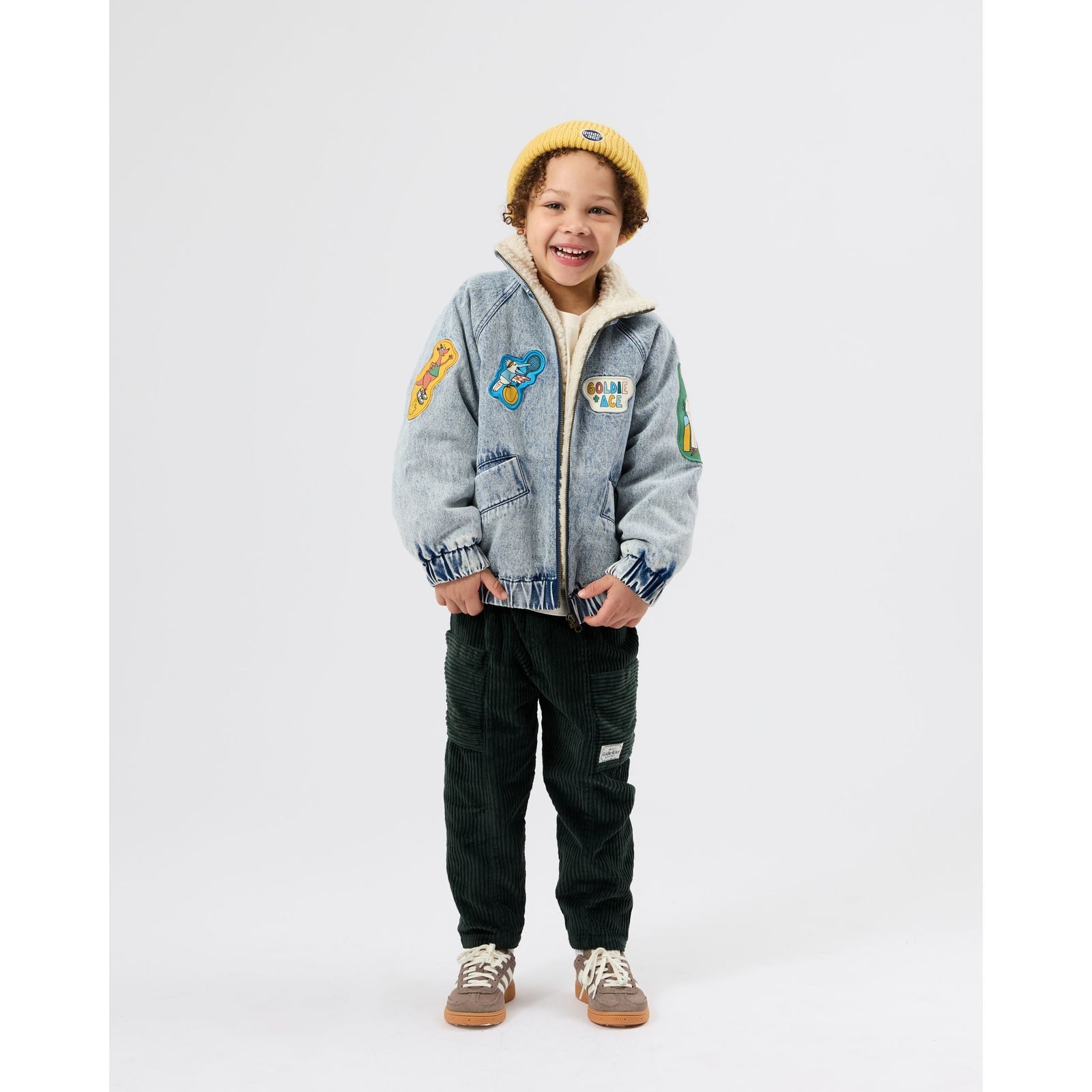 Child wearing Goldie & Ace Kit Corduroy Pocket Pant Moss, view 3
