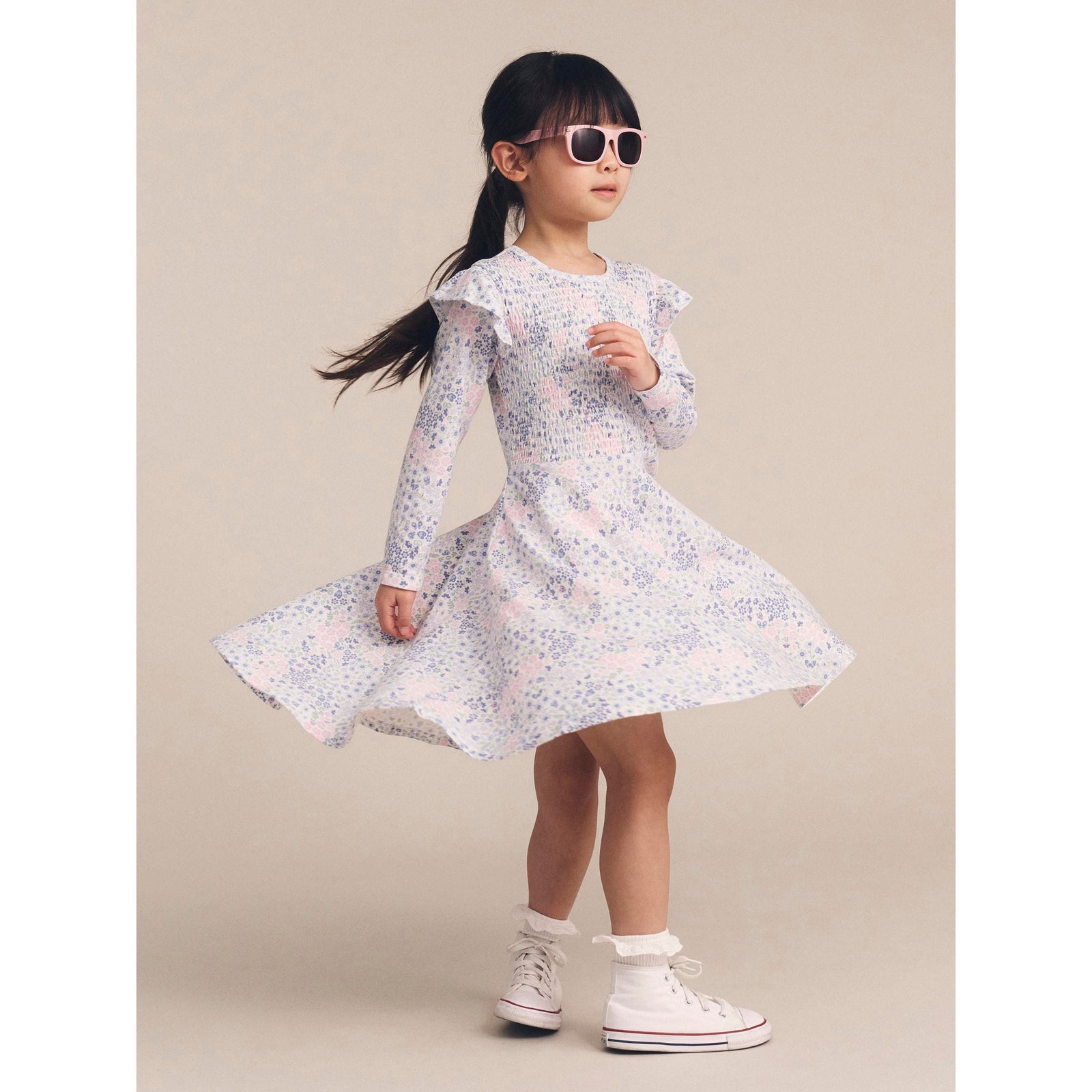 Flower Garden Shirred Long Sleeve Dress