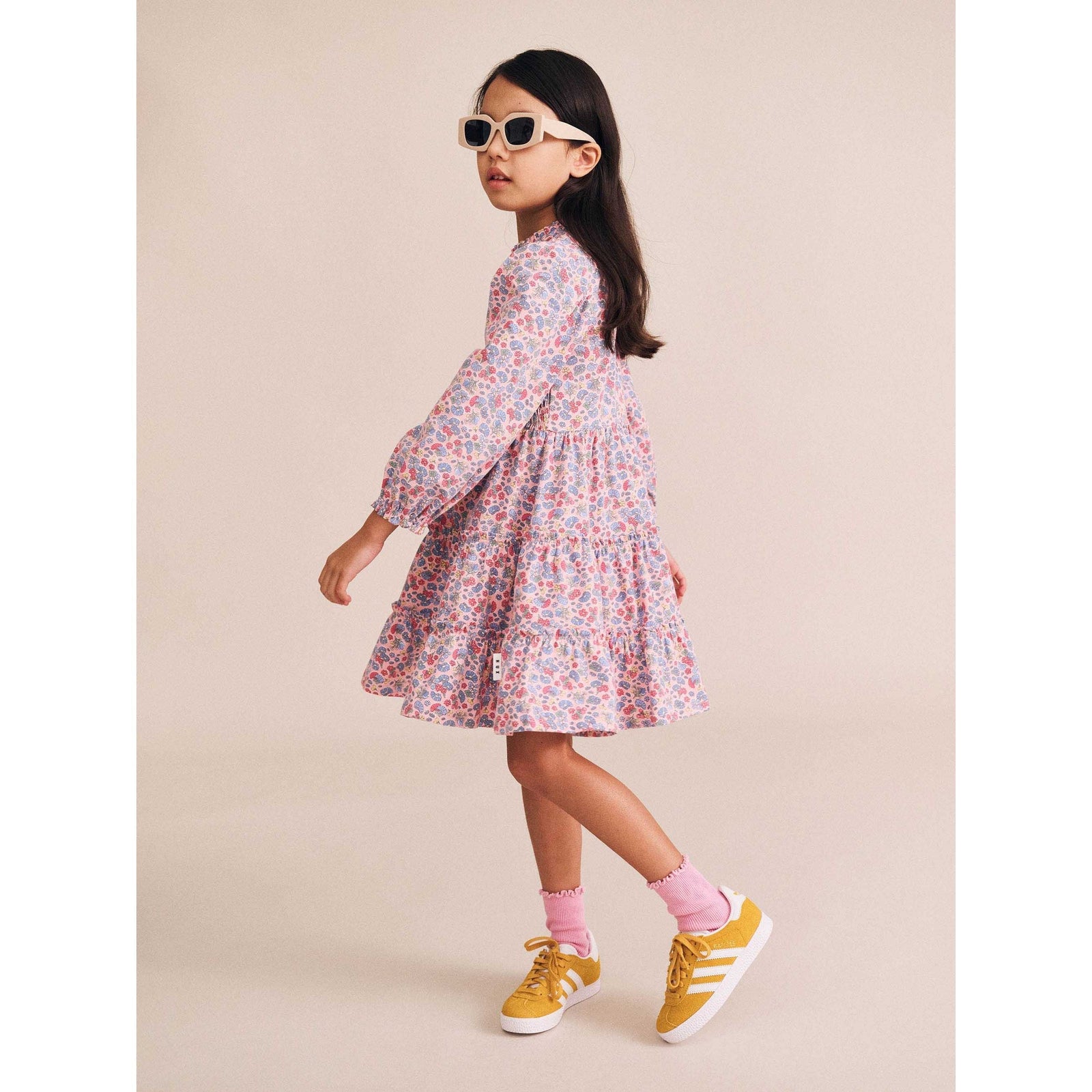 Vintage Floral Puff Long Sleeve Shirred Dress