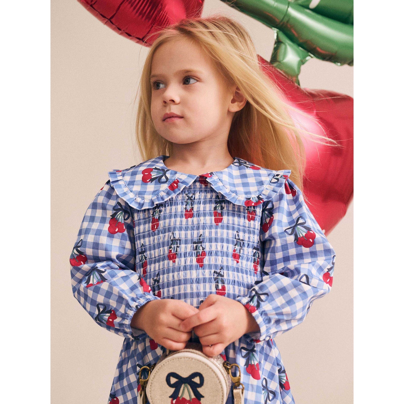 Cherry Gingham Shirred Dress