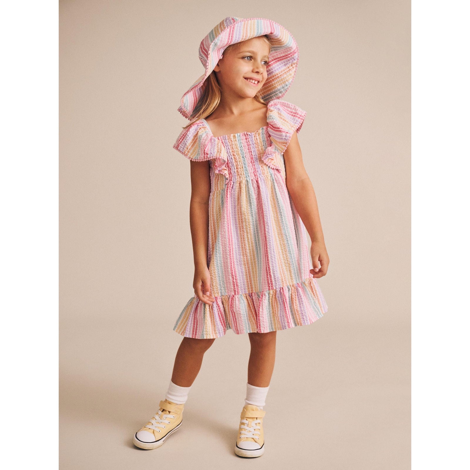 Rainbow Stripe Shirred Frill Dress