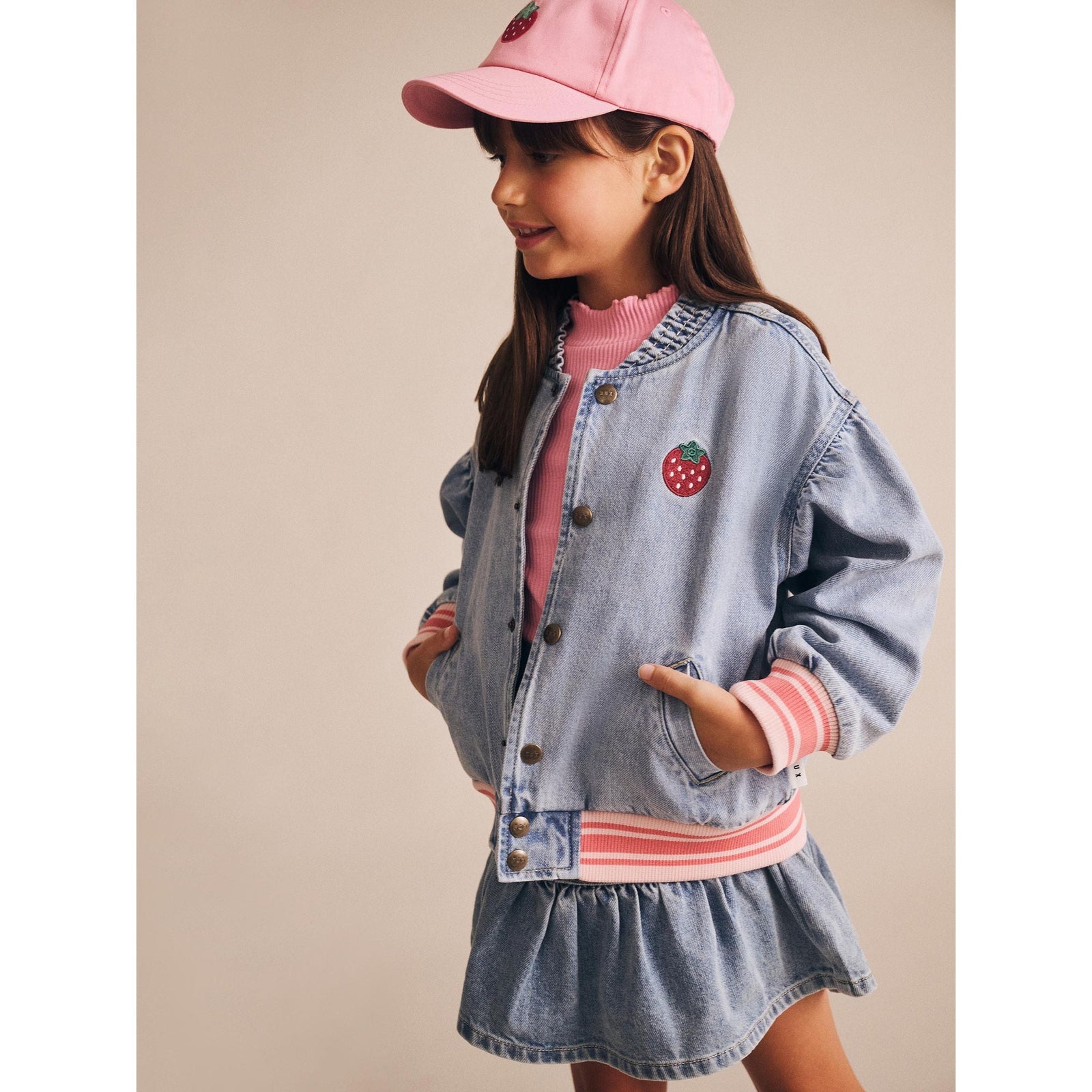 Dreamy Denim Strawberry Bomber