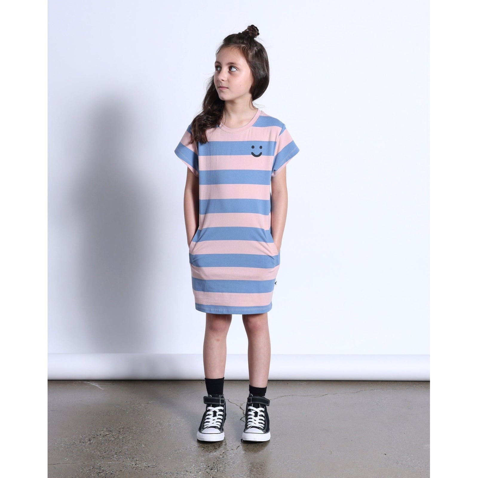 Happy Face Tee Dress- Muted Pink/Muted Blue